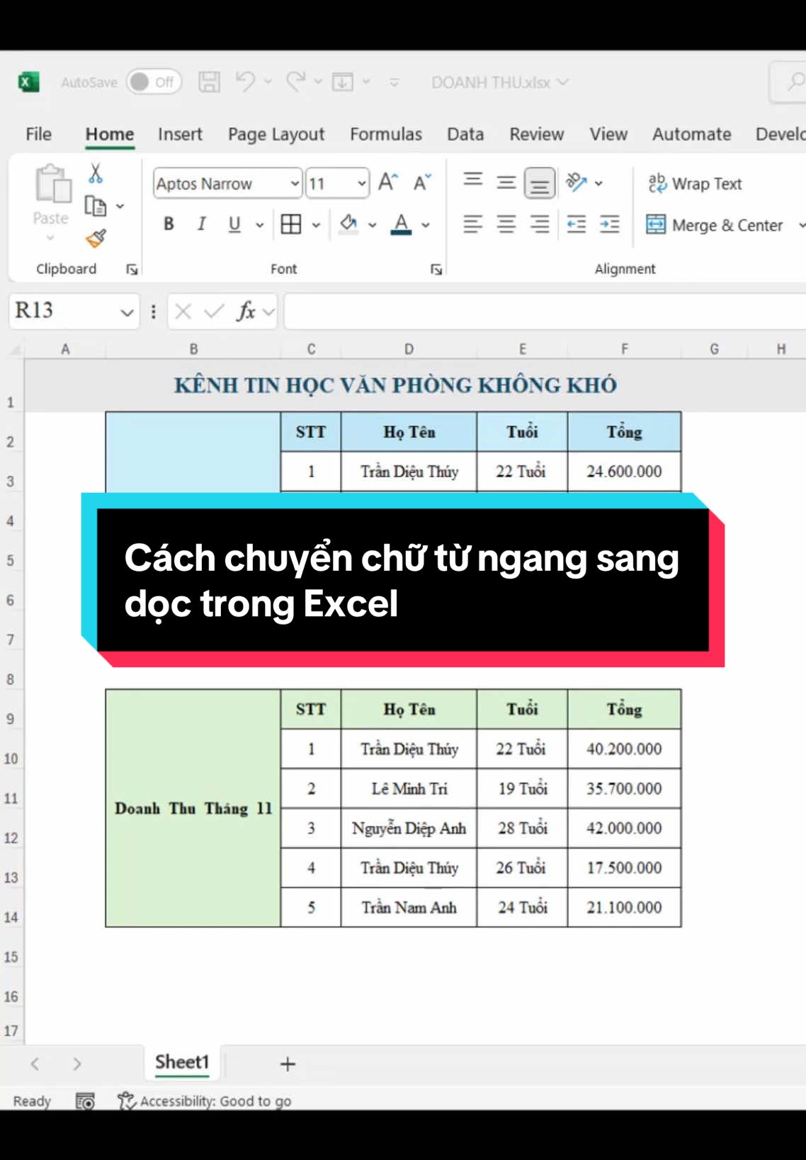 Cách chuyển chữ từ ngang sang dọc trong Excel #tinhocvanphong #excel #word #sachtinhocvanphong #LearnOnTikTok 