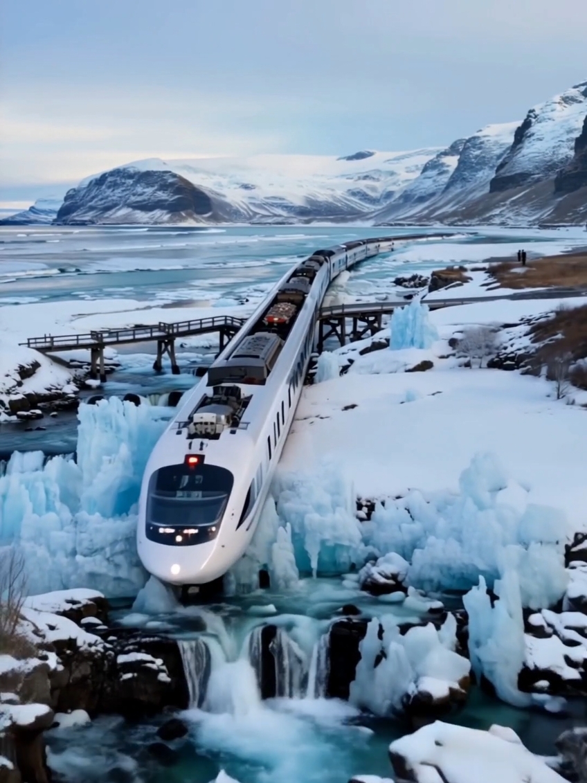 Glacier express BulletTrain Towards Dream destination in frozen Ocean #BulletTrain #FrozenOcean #OceanTrain #WaterTrain #AI #Mountainsbetweenus #Antarctica #Iceland #Norway #Alaska #USA #FYP #Foryoupage #Foryou 