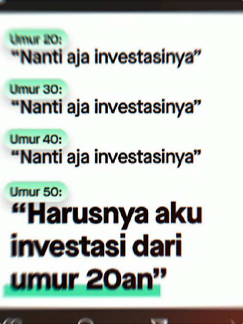 nanti nanti mulu keburu harganya tinggi. 3 parameter compounding : 1. jumlah yg diinvestasikan, 2. return, 3. waktu. orang-orang pada gatau aja betapa powerfulnya parameter waktu ini. #investasi #compounding 