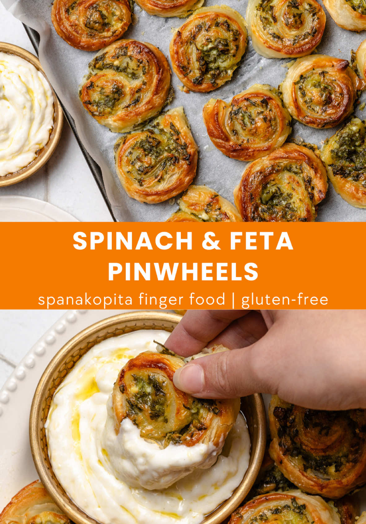 Christmas Appetizer? Try these!  Spinach and Feta Pinwheels (spanakopita) , gluten-free #spinachandfeta #spanakopita #appetizer #fingerfood #bitesize #greekfood #christmasmenu #christmasrecipe  Makes 30-35 pieces Prep 10-15 minutes Cook 20 minutes INGREDIENTS Pinwheels: 4 sheets puff pastry, gluten-free (I used Simply Wize Puff Pastry) 200g spinach leaves, washed, dried very well and finely chopped 4 spring onions, finely sliced 150g Greek feta, crumbled 50g parmesan cheese, finely grated  1egg, whisked Salt and pepper Yoghurt Dip: 150g Greek yoghurt 1 x zest of a lemon 1 garlic clove, minced 2 teaspoons extra virgin olive oil Pinch of salt and pepper INSTRUCTIONS 1.     Prepare the filling: Preheat the oven to 210°C fan force. Line 2 trays with baking paper. Next, make sure the spinach is air and paper towel-dried very well, squeeze any excess liquid, and then in a bowl combine the spinach, green onion, feta, parmesan, salt, and pepper. Combine well enough that it becomes like a thick paste ready for spreading. 2.     Spread and Roll: Place the puff pastry sheet onto a flat surface and spread the mixture evenly over the pastry, leaving a small border at the top edge. Next, roll it into a tight spiral log and seal the edge by pressing it gently.  3.     Slice and Brush: Slice the log into 2cm thick pinwheels, place them spread out onto the baking trays, and brush lightly with the egg wash.  4.     Bake and serve: Place into the preheated oven for 20 minutes or until they are golden and puffed up. In the meantime, combine the ingredients for the yoghurt dip. Allow spinach and feta pinwheels to cool for 10 minutes before serving. Place onto a platter with the dipping sauce and enjoy.  AIR FRYER INSTRUCTIONS : Make half the amount recommended in the ingredients, then follow instructions 1-3.  Once the log is sliced and brushed with eggwash, place scrolls in the air fryer basket, lined with baking paper, then cook at 200°C for 15 minutes or until golden and cooked through. Do not overcrowd in air fryer. 