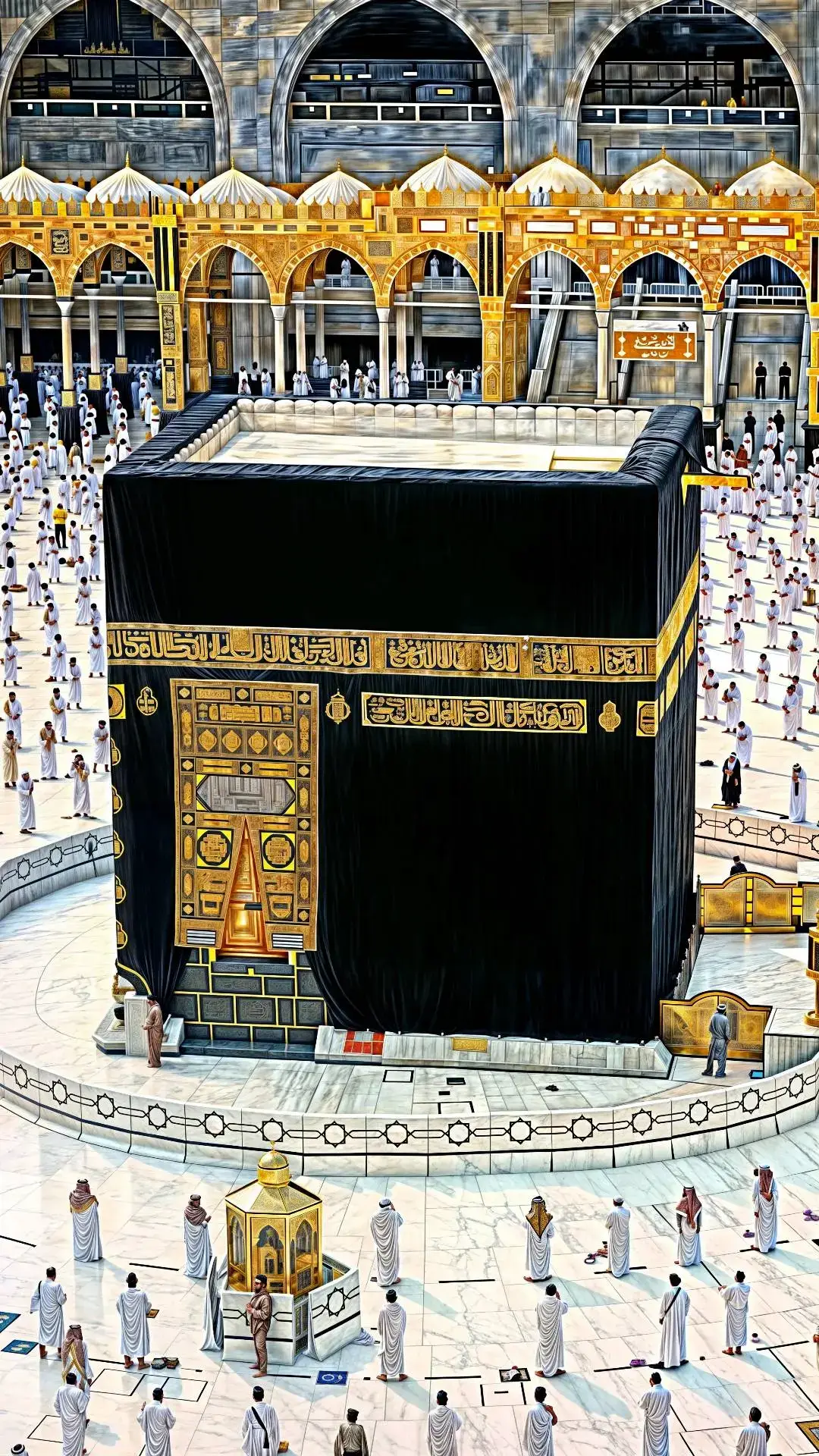 The image depicts the Kaaba, the most sacred site in Islam, located in the center of the Masjid al-Haram in Mecca, Saudi Arabia. The Kaaba is covered in a black cloth with gold bands and is surrounded by a large courtyard where thousands of pilgrims are gathered for prayer. The architecture surrounding the Kaaba features ornate arches and intricate designs, creating a grand and holy atmosphere. #naatsharif #naatstatus #foryou #foryoupage #grow #growmyaccount #ماشاءاللہ #ماشاءاللہ #ماشاءاللہ #ماشاءاللہ #ماشاءاللہ #ماشاءاللہ #ماشاءاللہ #KAMRAN @TikTok @TiktokPakistanOfficial 