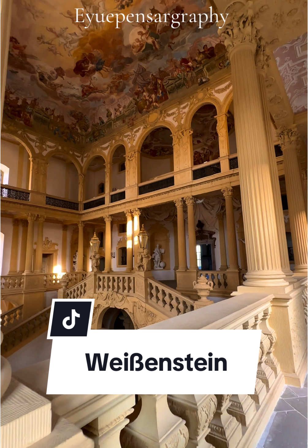 ✨SCHLOSS WEISSENSTEIN✨ The Grandfather of the Staircase in Würzburg 👨🏻‍🦳 🇬🇧: The Staircase is a Masterpiece of Baroque Architecture and art of frescoe painting. The Painter Johann Rudolf Byss created the fresco which shows the 4 Continents More information on: www.schloss-Weissenstein.de #baroque #palace #heritage #architecture #germany #pommersfelden #schönborn #🇩🇪 #rococo #viral #fyp 