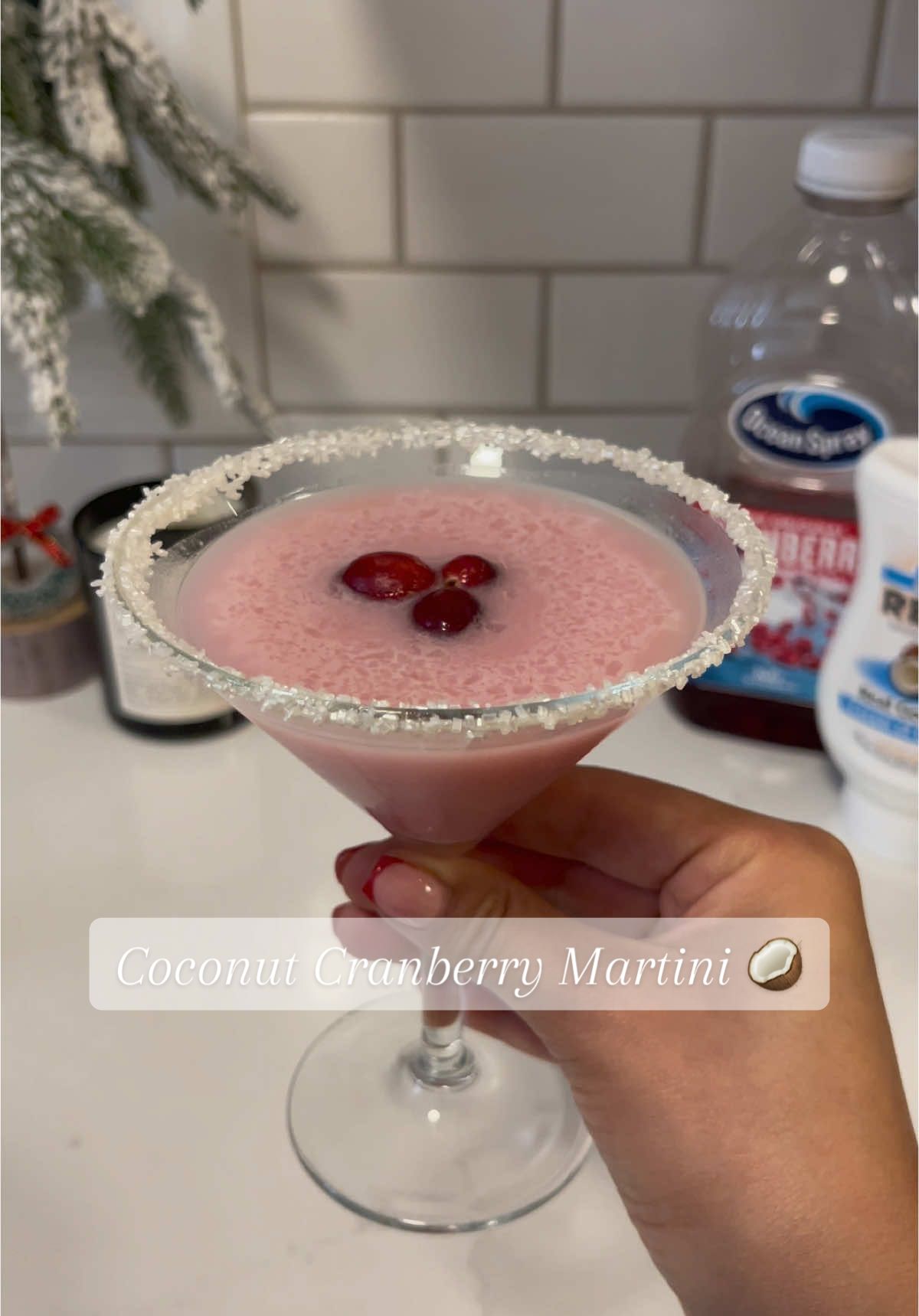 Drinkmas # 9 Coconut cranberry martini  1.5 oz vodka 0.75 oz Cointreau  1 oz Cranberry juice 1 oz Coconut cream  ##drinkmas #christmasdrinks #cocktails #christmas #winter #holidaydrinks #winter #cutedrinks #2024drinks #cranberryjuice 