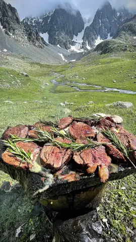 Steak cooked on a swedish torch in the middle of nature 🥩🪵🏔🔥🌲🌨 #outdoorcooking #cookingasmr #Recipe #leon #cookingnature #foodtiktok #camping #cooking #steak 