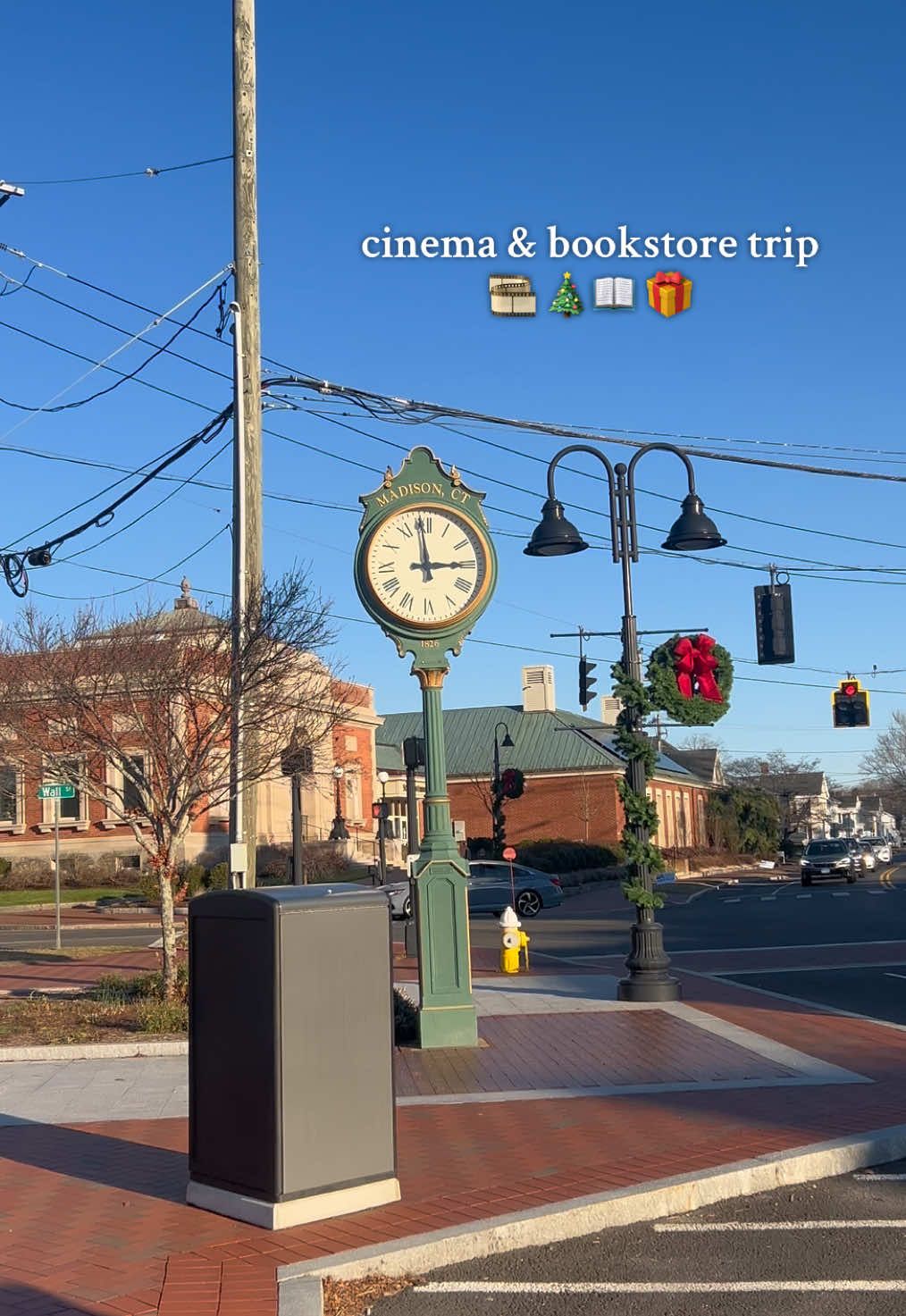 I’m obsessed with madison, ct 🥹 the downtown is so cute and the cinema was so small and rj julia decorated for christmas! it’s adorable 🧣 #madisonct #wicked #bookstore #christmas 