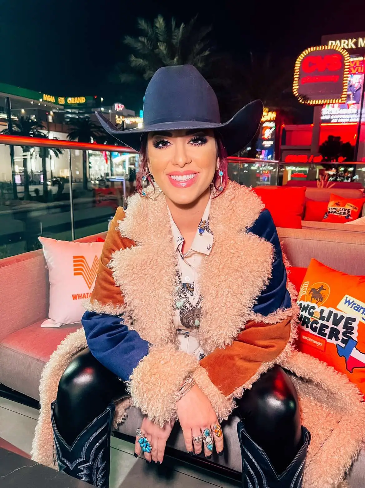 MILKSHAKES, BURGERS, FRIES, RODEO 🧡 @wrangler x @whataburger collaboration coming in 2025, yall and it’s ICONIC! Thank you for inviting me to the NFR Wrangler event at the brand new Whataburger on the strip in Vegas to view the new perfect collection can’t wait for the LAUNCH, counting down the days. I am going to need every piece.  Yall Spring 2025 is gonna be good!! And flip through to see who was all there!  Outfit details:  Hat: @pro.hats discount code TRENDSETTERPH  Long sleeve and leggings: Cowboy Christmas  Squash Necklace & big turquoise flower like ring: @chacocanyontrading  Turq hoops: and 3 stone ring: @turquoiseinstyle  Boots: @tecovas  Jacket: @urbanoutfitters & linked in my stories & will save to the NFR highlight  Bag: @vintagebohobags ( linked in bio )  #nfr #nfrfashion #nfrstyle #wranglernfr #nfroutfits #whataburger #wrangler #wranglerjeans #wranglerwestern #nationalfinalsrodeo #lasvegas  #legendaryvegastodeo #westernlifeandstyle #westernstyle #westernfashion #westernlifestyle #westernboutique #tecovas #turquoise #turquoisejewelry #cowgirlstyle #cowgirlfashion #cowgirloutfit #cirodeorunway #cowgirlhat #cowgirlboots #cowboyhat #cowboyboots #cowboysandindiansmagazine 