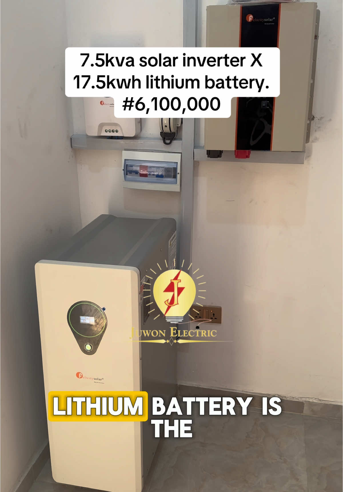 #6,100,000 with installation and delivery. 7.5kva (48v) solar inverter system and 17.5kwh lithium iron battery with (18)350watts solar panels (6.3kwp) The inverter is pure sine wave with LCD display, with intelligent capacity to show remaining back up time, time to full, charging status, Eco mode, battery status and general caution signals. 24/7 electricity ⚡️  To power 5 fans, 3 TVs, 2 decoder, 2 sound system, (2)1-1.5hp inverter Ac, 25 lighting points, 1 fridge/ freezer, 1 blender, 1 pumping machine, microwave, 4 laptops and charging of phones. Side features; 1. LCD display screen 2. Battery rack 3. Soft touch buttons 4. Change over bye pass switch 5. (18) 300w solar panels 6. 100ah Felicity MPPT Solar charge controller. 7. Lithium battery (7 years warranty) * Delivery is free within lagos (Delivery outside lagos attracts extra charges) 📍 Pay on delivery available within lagos. (Pay before delivery applies to other states)  📍📍📍 Visit our website, DM, or call to place your orders: 08144571553, 0704 239 4925, 0903 256 0291. #fyppppppppppppppppppppppppppppppppppp #juwonelectric #foryoupage #inverterinlagos #solarinverterinlagos #solarenergy #fyp 