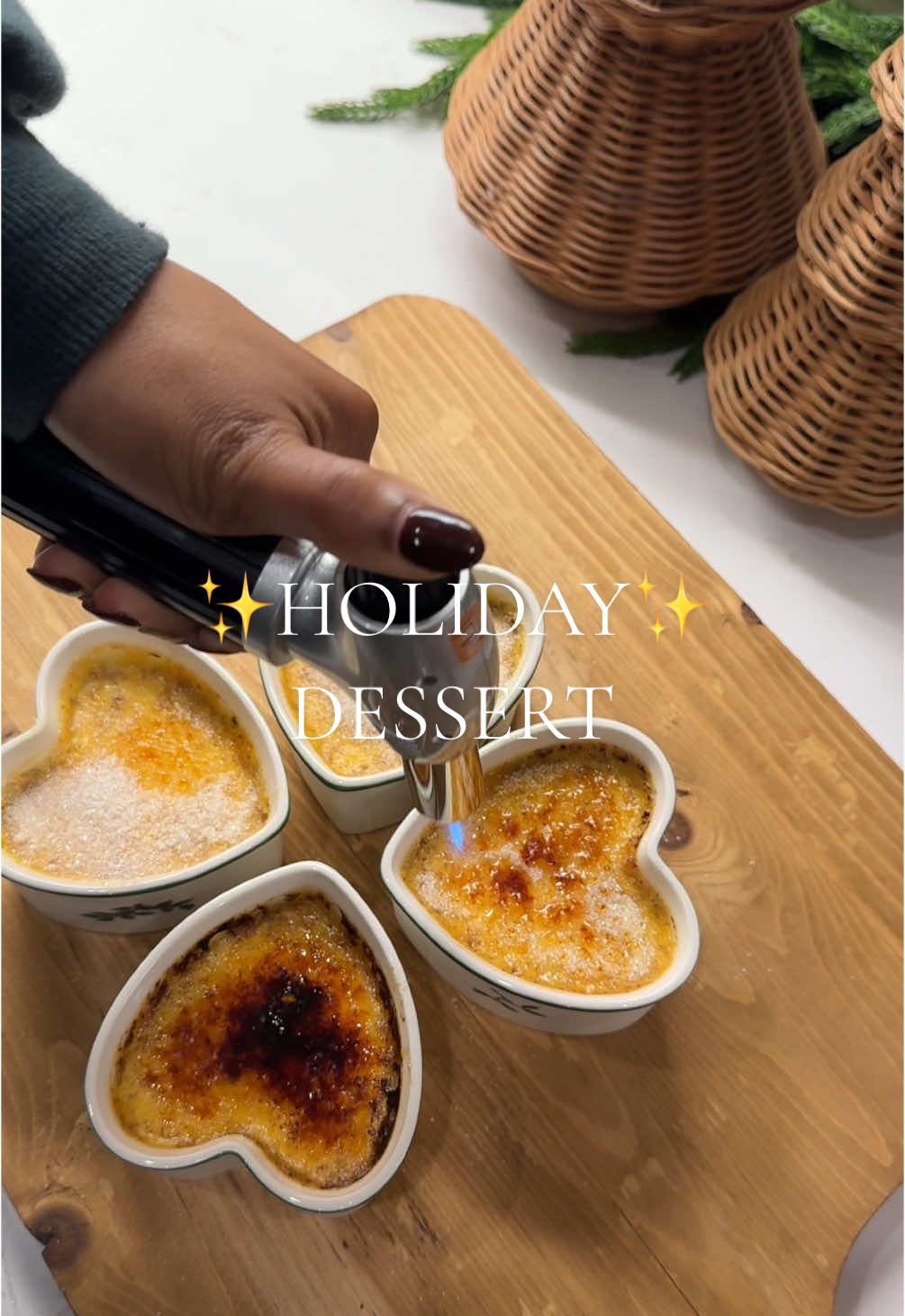 The perfect holiday dessert with @Milk #ad  Eggnog Creme Brulee  Bring to a simmer  1 Cup Whole Milk  1/2 cup Egg Nog 1/2 cup heavy cream    Mix 4 Egg Yolks ¼ cup Sugar   Whisk in 1/4 cup of the warm liquid mixture  Then slowly whisk in the rest    Stir in  3 oz Mascarpone Cheese   Pour the mixer through a mesh strainer  Add in 1tsp vanilla and a dash of cinnamon    Place ramekins in a baking dish and add in water that comes up about half way the side of the ramekin then pour in the crème brûlée mixture    Bake at 350 for 35-45min until mixture just slightly wiggles in the middle    Remove pan from oven and let ramekins cool on wire rack for 30 min    Place in fridge for at least 3 hours    Top with sugar and torch the top   #christmasrecipes #christmasdessert #holidayrecipes #holidaydessert #christmasideas #holidayideas