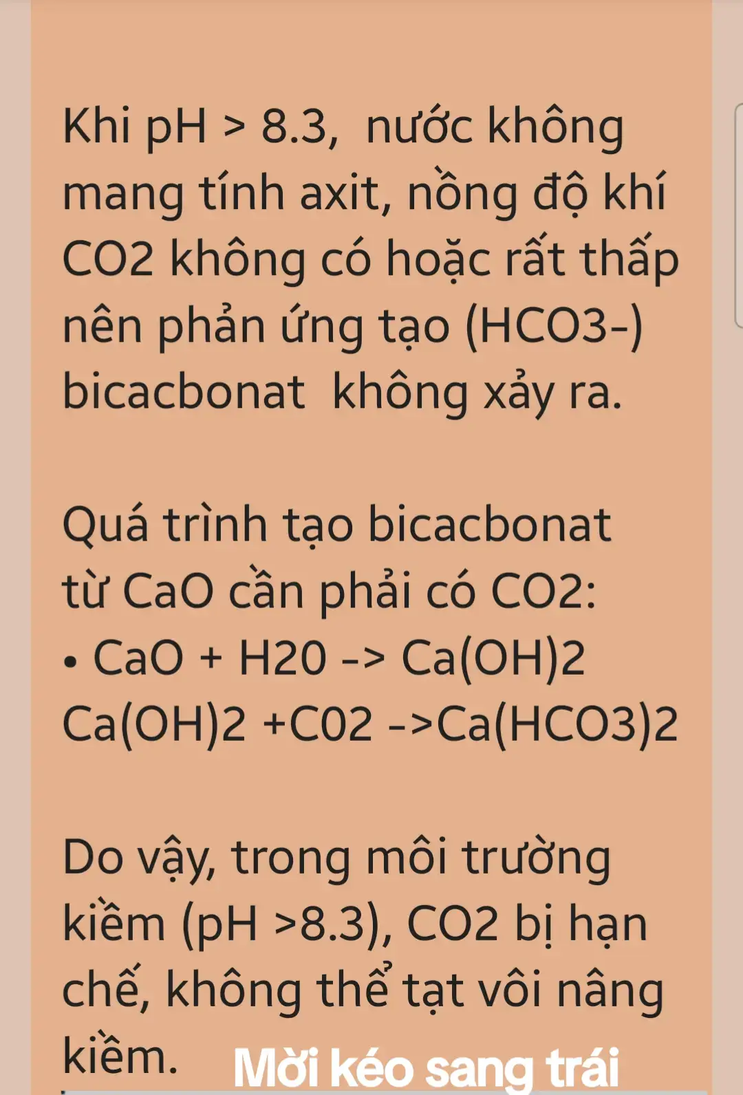 Nguyên lý hóa học.  KIỀM  tác dụng với AXÍT sẽ tạo thành MUỐI.  Vôi CaO tác dụng với H2O+ CO2 sẽ tạo thành  Ca(HCO3)2 . Ca(HCO3)2  là muối Bicacbonat Canxi . Và muối này tan tốt trong nước  Ca(HCO3)2 --> Ca2+ +HCO3-2 Và sinh ra 2 ion kiềm bicacbonat là   HCO3- Như vậy.. • Muốn nâng kiềm, thì dùng vôi CaO là ok.  • pH phải < 8.3  (môi trường phải axít)   Nếu như pH>8.3 thì dùng men bánh mì 2kg+ 1kg mật đường + 100 lít nước ao. Ủ kín 24h. Chia 2 lần tạt 1000m3. Cho 2 ngày liên tục, giấc 9h sáng. Hỗn hợp ủ này sinh ra khí CO2 làm giảm pH vì nước lúc bấy giờ sẽ mang tính axít.  Đó không chỉ là lý thuyết.  Mà là hóa học và cũng đúng với thực tế.  Đừng nghe lý thuyết suông là tạt vôi sẽ nâng được kiềm.  #nuoitomthanhcong  #Xuhuongnuoitom  #nangkiem