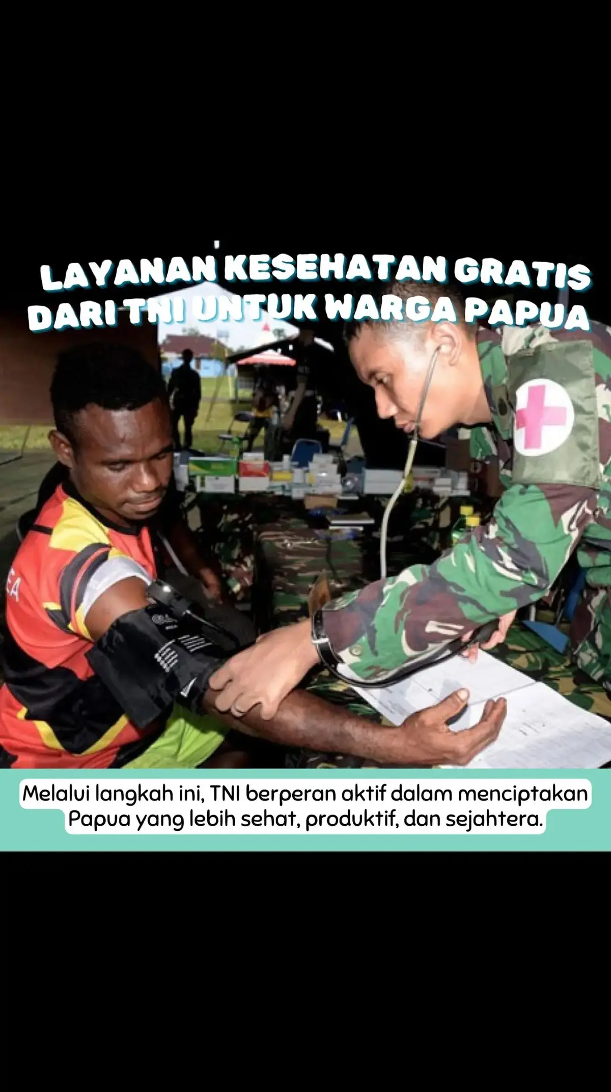 TNI tak hanya menjaga wilayah, tetapi juga menyentuh hati rakyat Papua melalui program kesehatan gratis. Bersama kita wujudkan Papua yang sehat dan sejahtera. #PapuaMakinSehat #PemeriksaanKesehatanGratis #TNIBersamaRakyat