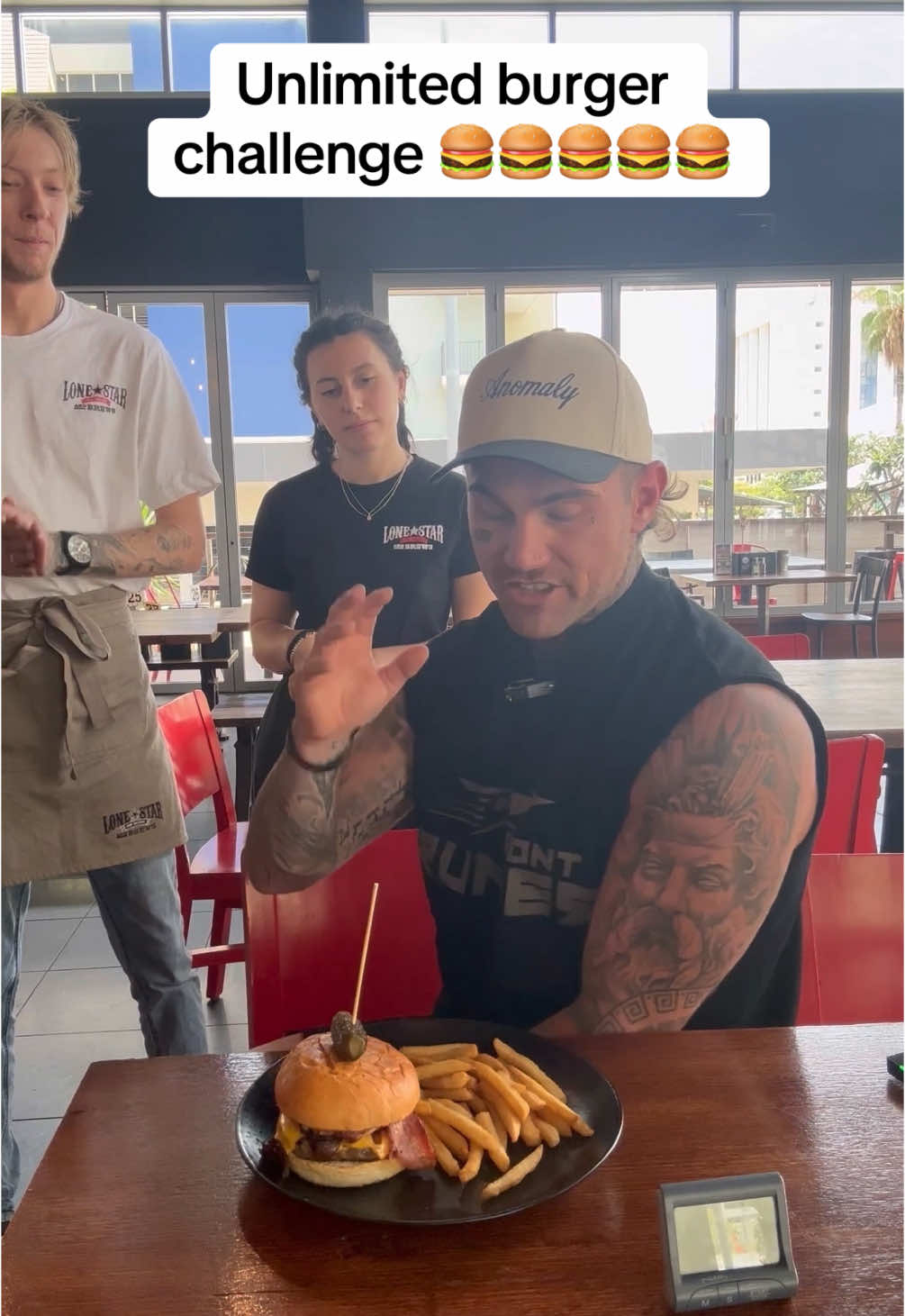 Unlimited burger challenge!!🍔🍔🍔🍔🍔 today I’m in Townsville  @lonestarribhouseqld  tackling their unlimited burger deal!! for $25 you get as many burgers and fries as you can eat !! The only condition is that you finish everything on the plate before you get a new one !!   This one was so so delicious! I got down 5 and just felt like I cousins get down another full plate so decided to call it at 5!! Tag a friend who you want to have unlimited burgers with! #Townsville #lonestar #burgers  #jimmyjudgeeats  #asmr #eatingchallenge #foodchallenge #eating #food #yummy