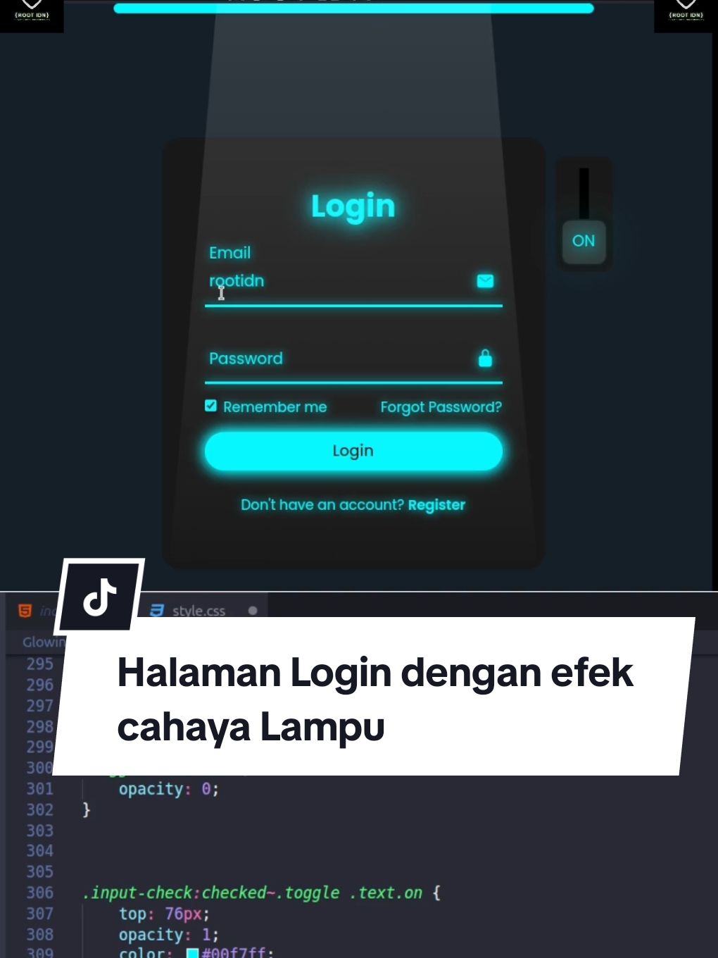 buat halaman login unik dan menarik dengan html dan css. ada tombol on/Off yang berfungsi menghidupkan cahaya dari atas. mau script lengkapnya kunjungi link yang ada di Bio. koleksi projectnya hanya 1000 rupiah  #coding #codinglife #website #htmlcss #rootidn #webdevelopment #login #tech #programming #programmer #belajaronline #codingtiktok 