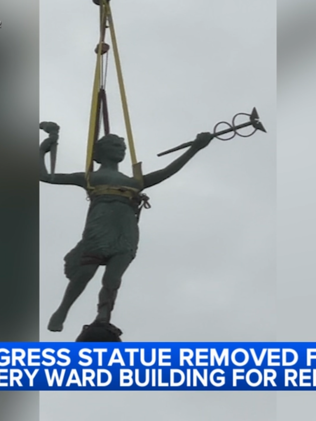 An iconic Chicago statue is getting a break from the winter weather, for some repair and restoration work. The Spirit of Progress has been atop the former Montgomery Ward Administration Building since 1929 near the North Branch of the Chicago River. The building is now a condominium and the homeowner's association is paying for the work to preserve the statue. They hope to have the Spirit of Progress, also known as Diana, to reinstalled next spring or summer.