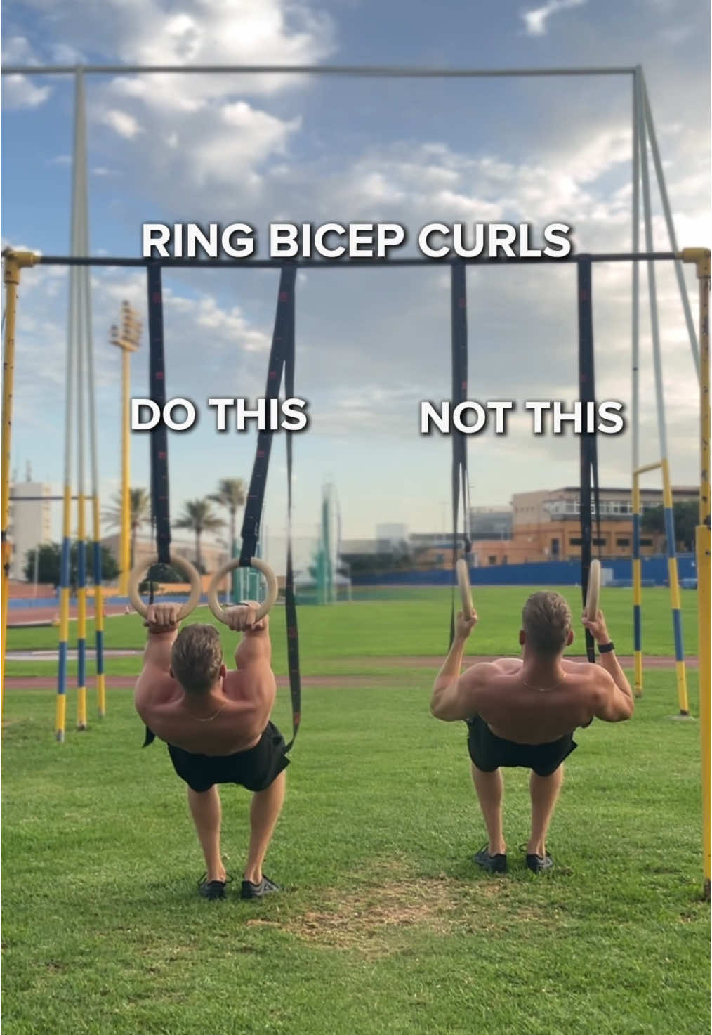 Keep your elbows in front of you and bring your hands towards your face instead of bringing the elbows behind your back. Keep your body in a straight line and keep your core tight. #biceps #bicepcurls #gymnasticrings #workout #calisthenics