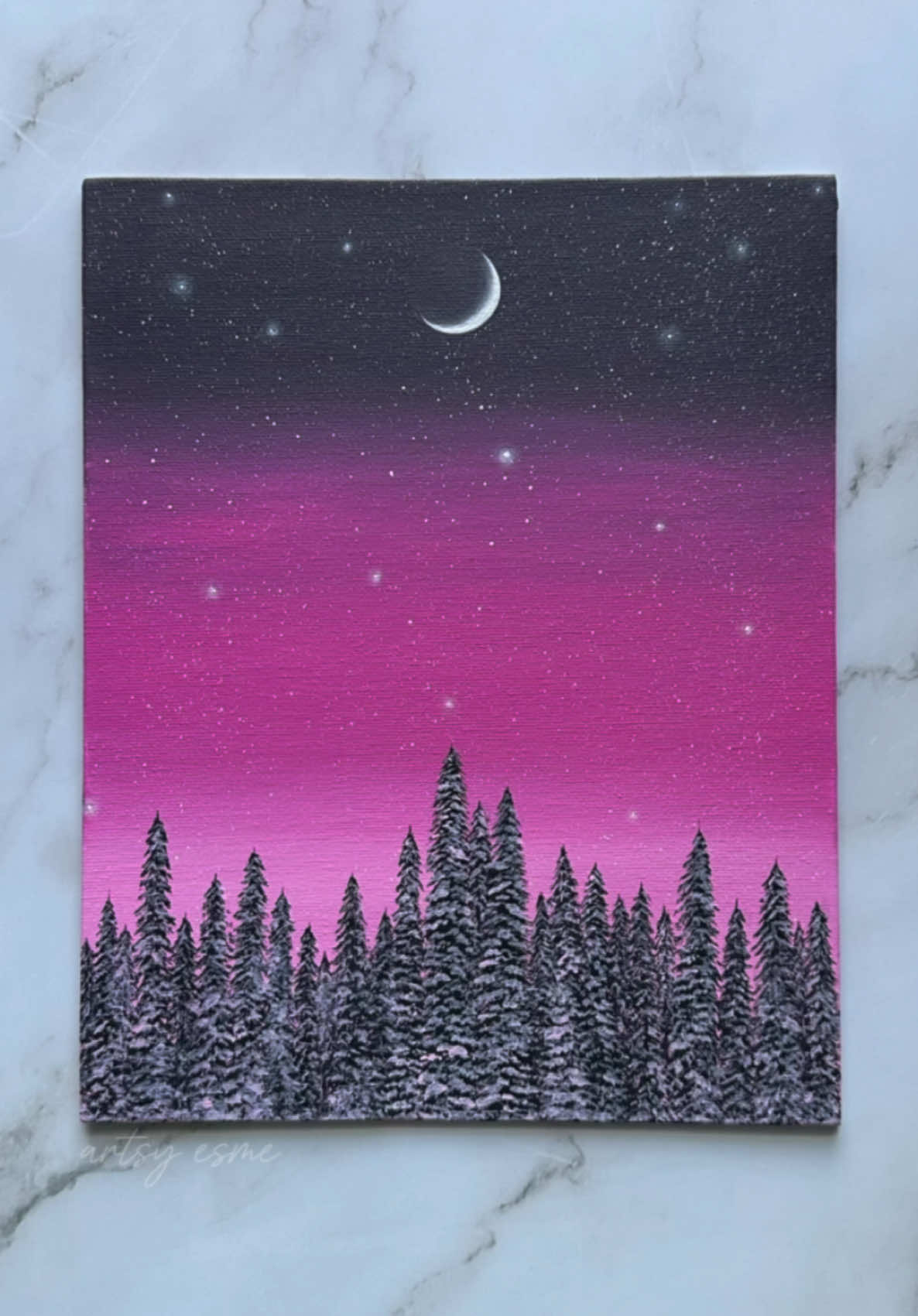 snowy pink night 🩷🌒🌲✨ • to the person who requested pink.. here it is 💕 • 🎨: light magenta, light pink, neon pink, black, white • #art #painting #acrylicpainting #arttok #fyp 