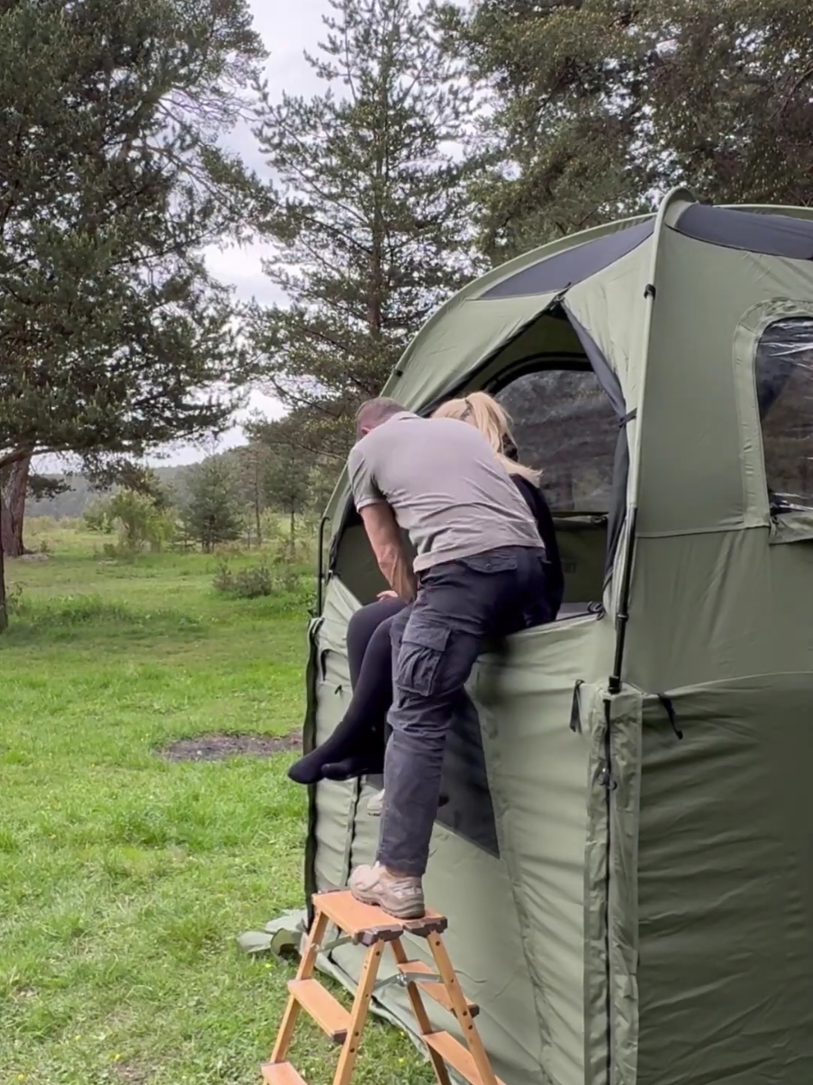 HARD CAMPING IN THE RAIN WITH A TWO-STOREY TENT #wintercamping #inflatabletent #asmr #camfire #campingtent #fyp 