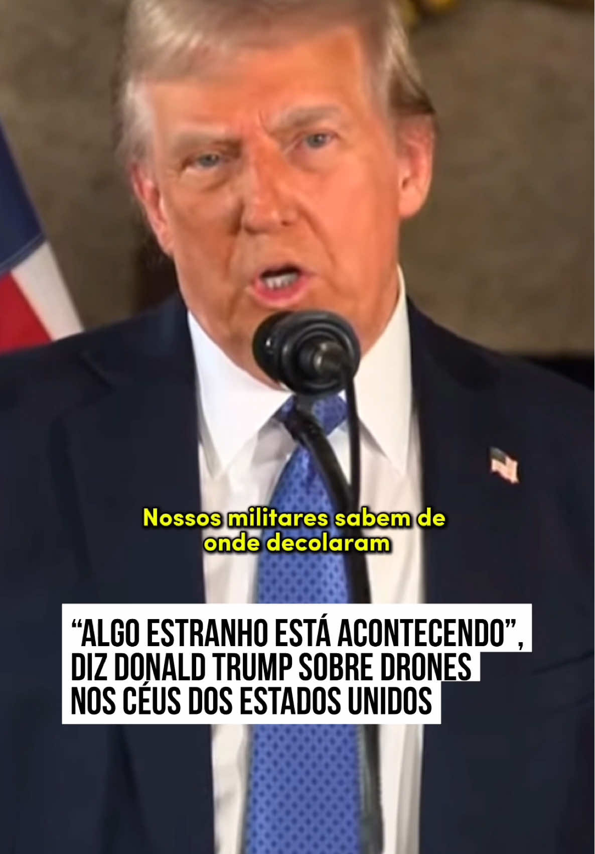 “Algo estranho está acontecendo”, diz Donald #Trump sobre drones nos céus dos #EUA. Em coletiva de imprensa nesta segunda-feira (16/12), presidente eleito dos EUA afirmou que o #governo americano sabe do que se tratam os objetos voadores vistos em diversas regiões do país. “Não consigo imaginar que seja um inimigo”, prosseguiu Trump. Ao ser perguntado se recebeu relatórios de inteligência sobre o tema, republicano afirmou que não iria comentar. #TikTokNotícias 