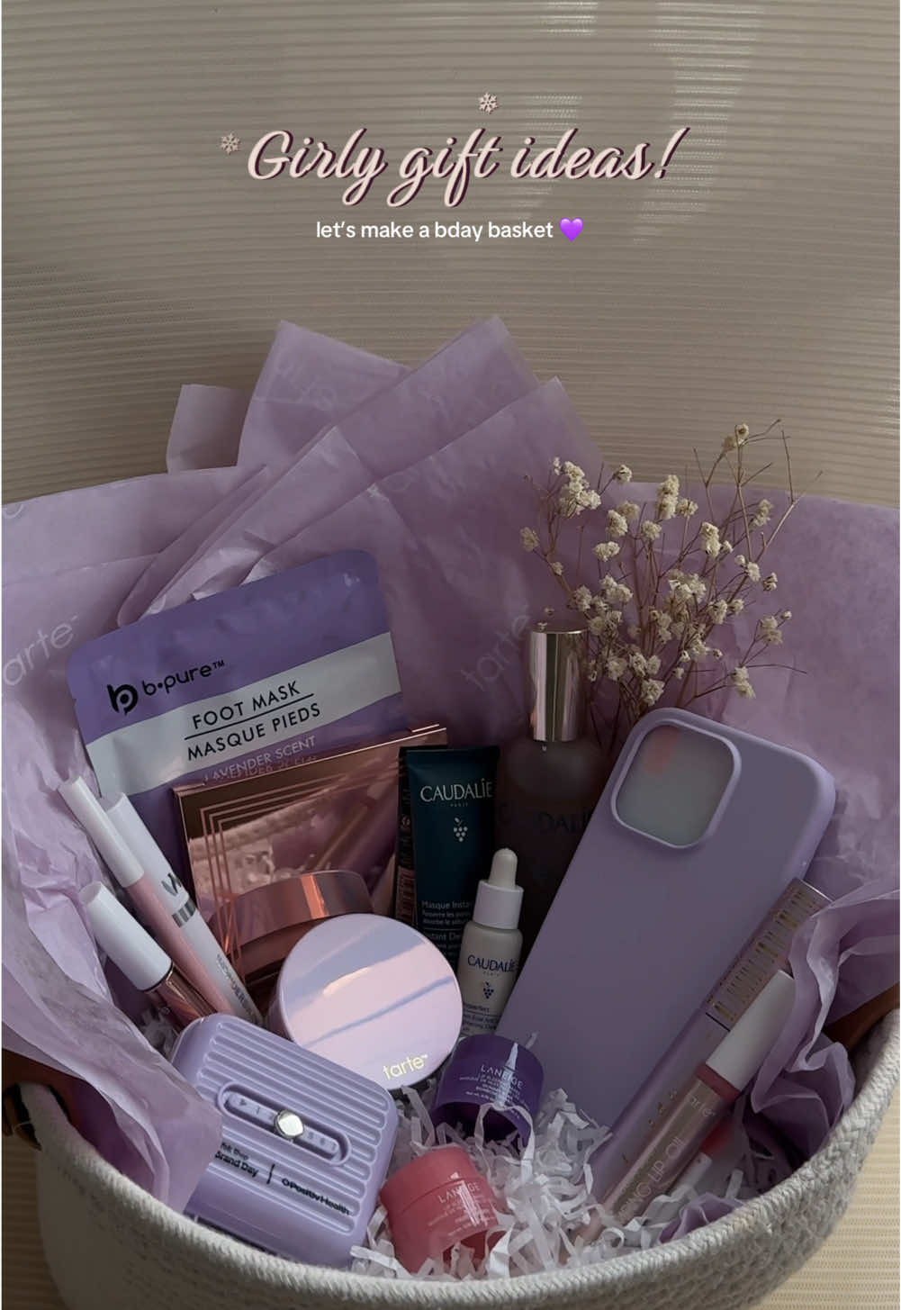 Girly gift ideas!! 💜 -Making myself a bday gift basket! 🥹✨ #girlygiftideas #giftbasket #tiktokshopholidayhaul #creatorsearchinsights #giftideas  @tarte cosmetics @Caudalie 