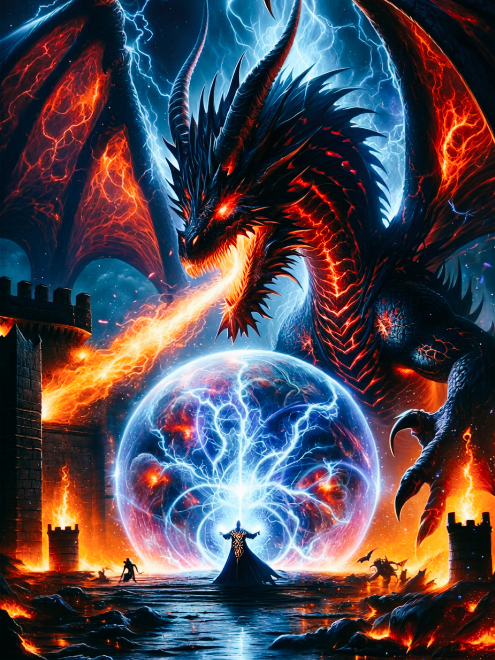 A mighty sorcerer unleashes a blinding energy shield as a colossal, fire-breathing dragon descends, roaring flames against crackling blue magic. Sparks fly, the battlefield glows, and the air trembles in this legendary Dragon vs. Sorcerer showdown. #livewallpaper #4klivewallpaper #sorcerer #dragon #battle #epicbattle #fantasyart #public #fyp #fyi 