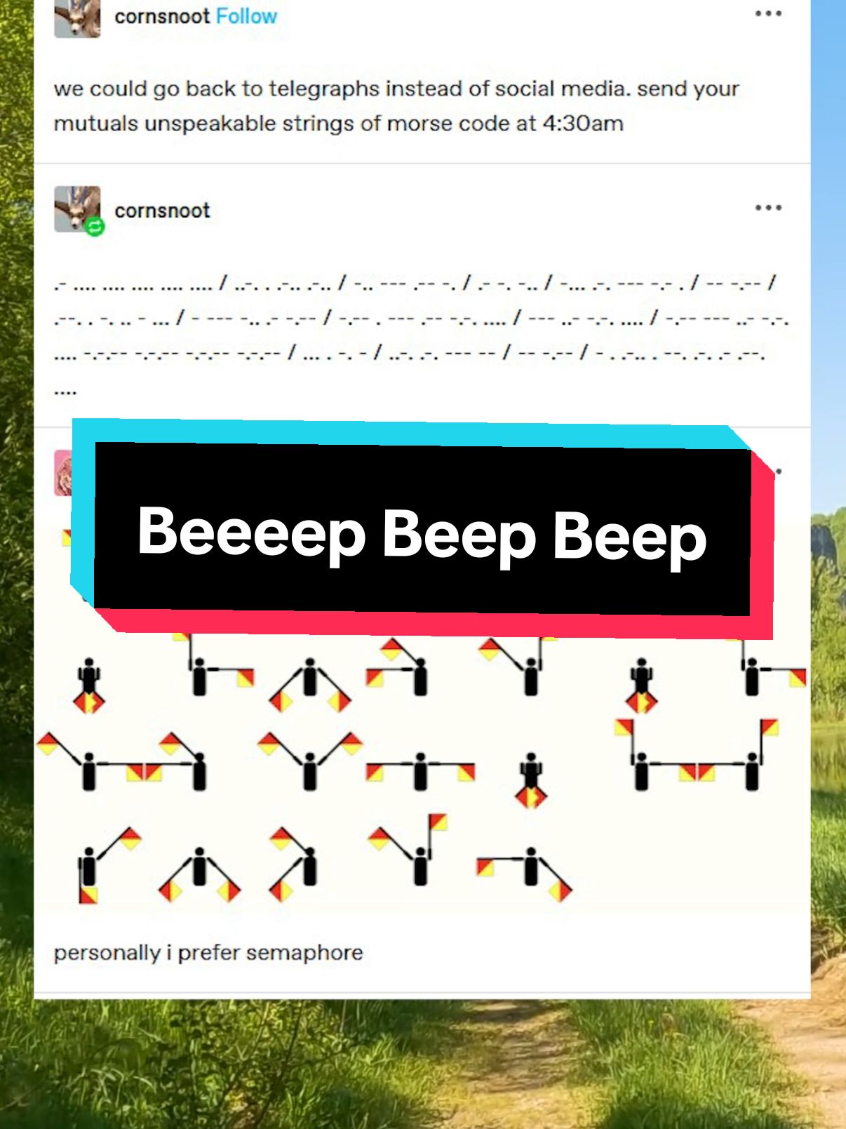 we could go back to telegraphs instead of social media. send your mutuals unspeakable strings of morse code at 4:30am. #qna #tumblr #funny #storytime #language #communication 