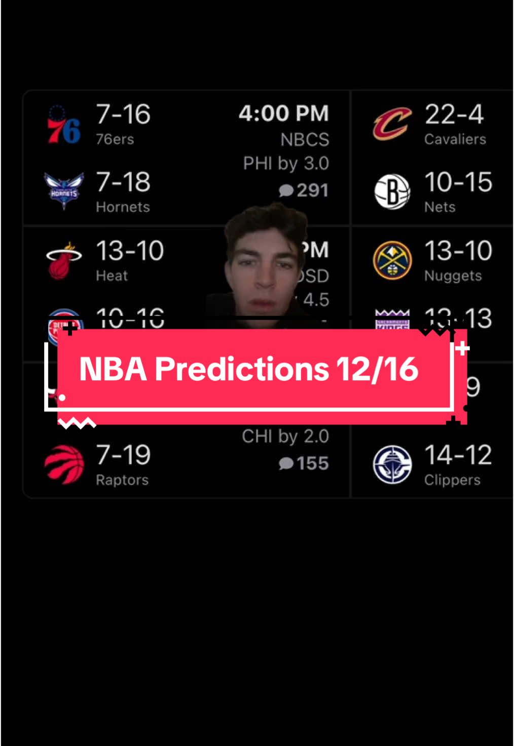 NBA predictions 12/16, a lot of ok games today, went 6/7 yesterday but didn’t post #NBA #sixers #hornets #heat #pistons #bulls #raptors #cavs #nets #nuggets #kings #jazz #clippers #basketball #greenscreen 