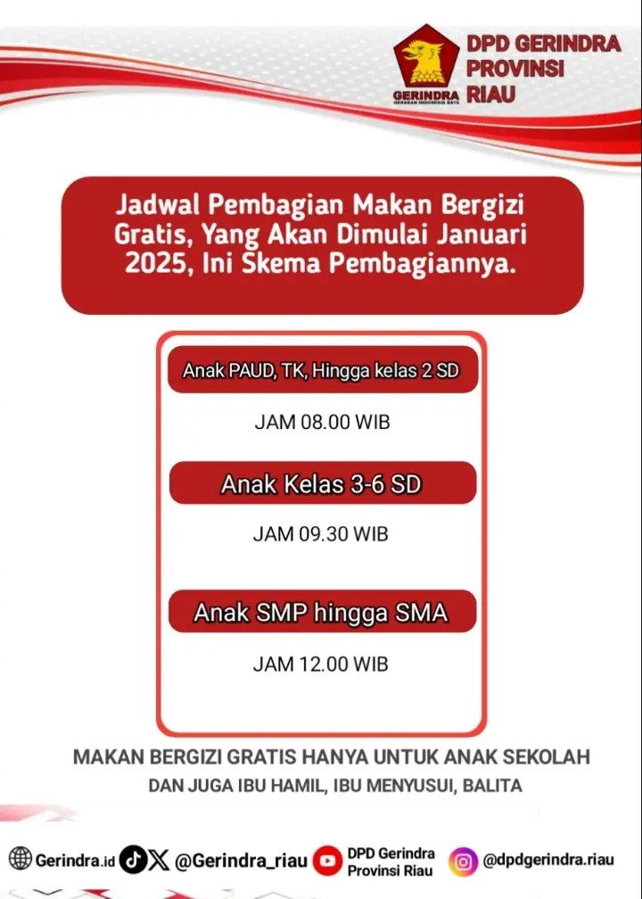 Makan siang bergizi gratis hanya untuk anak sekolah dan ibu hamil, ibu menyusui, balita.  Jadi untuk selalu nanya kapan makan gratis, dipahami lagi ya. #gerindra #laporgerindra #makangizigratis