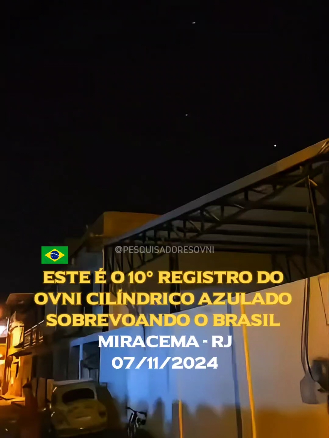 🚨💥 NOVAS IMAGENS DO OVNI CILÍNDRICO AZULADO EM MIRACEMA, RJ. Um novo registro do OVNI cilíndrico azulado foi capturado em Miracema, RJ, no dia 07/11/2024, às 19h15, reforçando o mistério em torno deste fenômeno.  Este é o terceiro avistamento no Rio de Janeiro no mesmo dia e o décimo relato do mesmo objeto em diferentes locais. A distância de 300 km entre Miracema e Arraial do Cabo, além de 230 km de Miracema para Macaé, onde o objeto também foi registrado anteriormente, chama a atenção para a impressionante movimentação do OVNI.  Nas imagens mais recentes, ele aparece acompanhado de uma esfera logo abaixo, padrão já observado em Minas Gerais, antes de desaparecer novamente. Agradecemos ao seguidor pela confiança em compartilhar conosco. Sigam o nosso parceiro @ovni_charuto, que está conosco nesta investigação em busca da verdade! #pesquisadoresovni #misterio #mistery #ovni #ufo #desconhecido #Unknown #uap #discovoador #alien #orb #lights #sighting  #news  #avistamento #miracema #riodejaneiro 