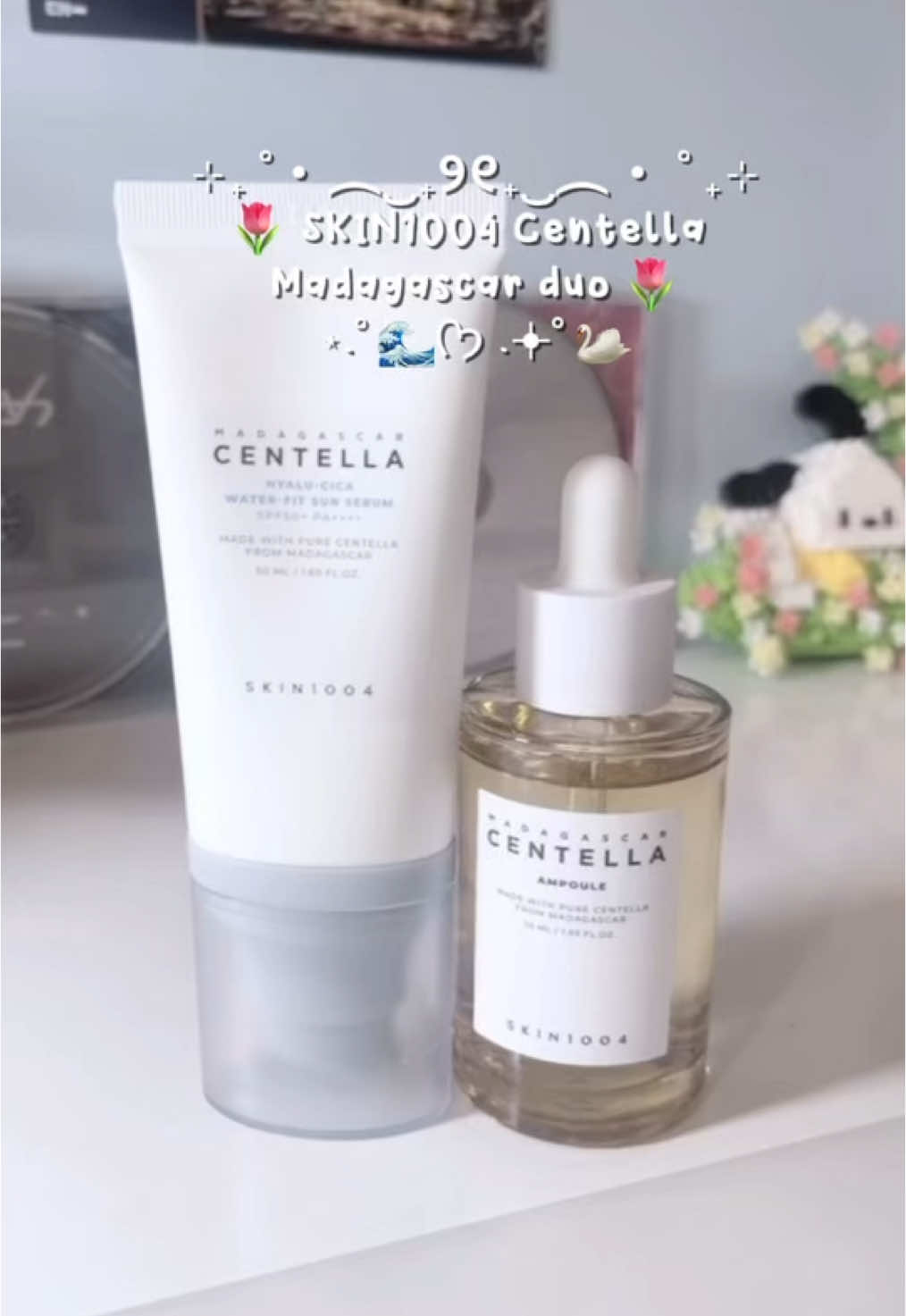 My secret to hydrated glass skin!! 💦🦢🌷 -> SKIN1004 Madagascar Centella ampoule -> SKIN1004 Madagascar Centella hyaly-cica water-fit sun serum •The best viral duo !! •@SKIN1004 Official  • • • • •tags: •#skin1004 #centella #ampoule #sunserum #sunscreen #skincare #hydratingskincare #glassskin 