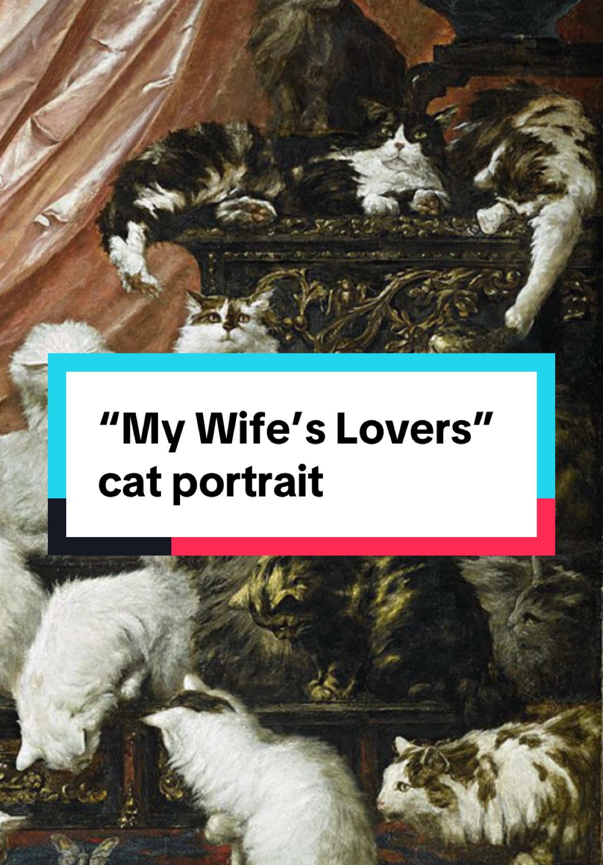 In 1891, milionaire Kate Birdsall Johnson commissioned artist Carl Kaher to paint 42 of her cats, who all lived in luxury in a 3000-acre summer estate in California. She had so many, and loved them so dearly, it is rumored that her husband may have referred to them as “my wife’s lovers.” Kaher studied the cats for three *months* to truly capture their likenesses. He was paid $5000 for the 6-by-8.5-feet piece, the equivalent of $170k today. Johnson lent the painting to the Chicago World’s Fair in 1893. The same year, she died, having left a large sum in her will to guarantee the care of her cats. #art #arthistory #history #arttok #cats #arthistorytok #historytok 