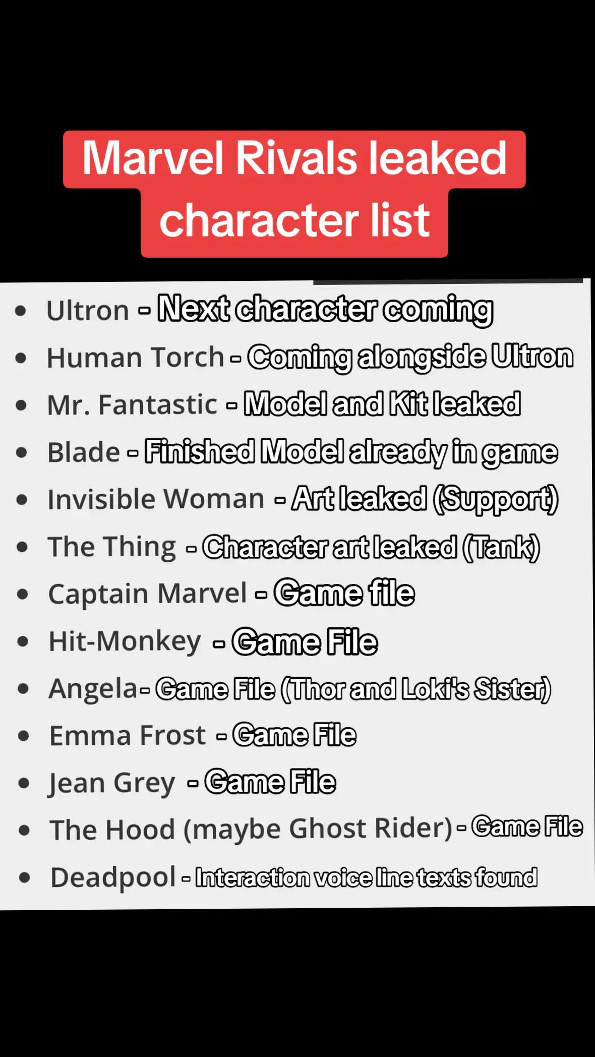 So far the list of characters coming to Marvel Rivals. These are the ones being worked on right now but for sure we're getting more. I personally wanted Shuma Gorath and many wanted Cyclops and Gambit. But we gotta wait a bit longer for this. Hit Monkey is a nice surprise. #FYP #fypシ #fypシ゚viral #fypツ #Foryou #foryoupage #fyppppppppppppppppppppppp #foryoupageofficiall #foryoupage❤️❤️ #Viral #Meme #Memes #MarvelRivals #Marvel #marvelcomics #Gaming #VideoGame #VideoGames #Gamer 