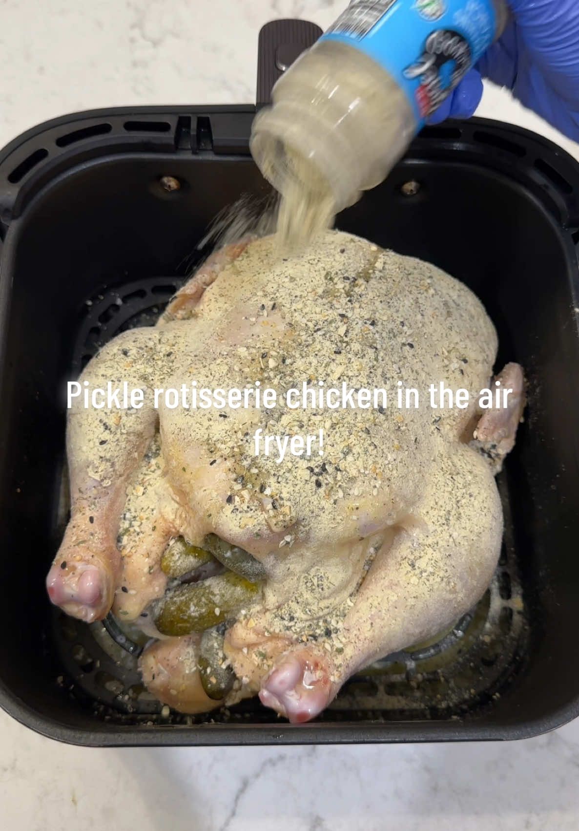 This pickle rotisserie chicken recipe by @iRick was so yummy and juicy!  What you need: 1,4 cup mited butterch seasoning 2 packets ranch seasoning Optional: 5-8 whole dill pickles How to make it: 1. Coat your chicken in butter, ranch seasoning and stuff it with the pickles. 2. Air fry @ 400F, flipping halfway. Take it out & enjoy! Pro tip: May require extra cooking time if it's a large chicken. #cosoriairfryer #ranchchicken #rotisseriechicken #airfryerrotisseriechicken #pickletok #picklelover #FoodTok 