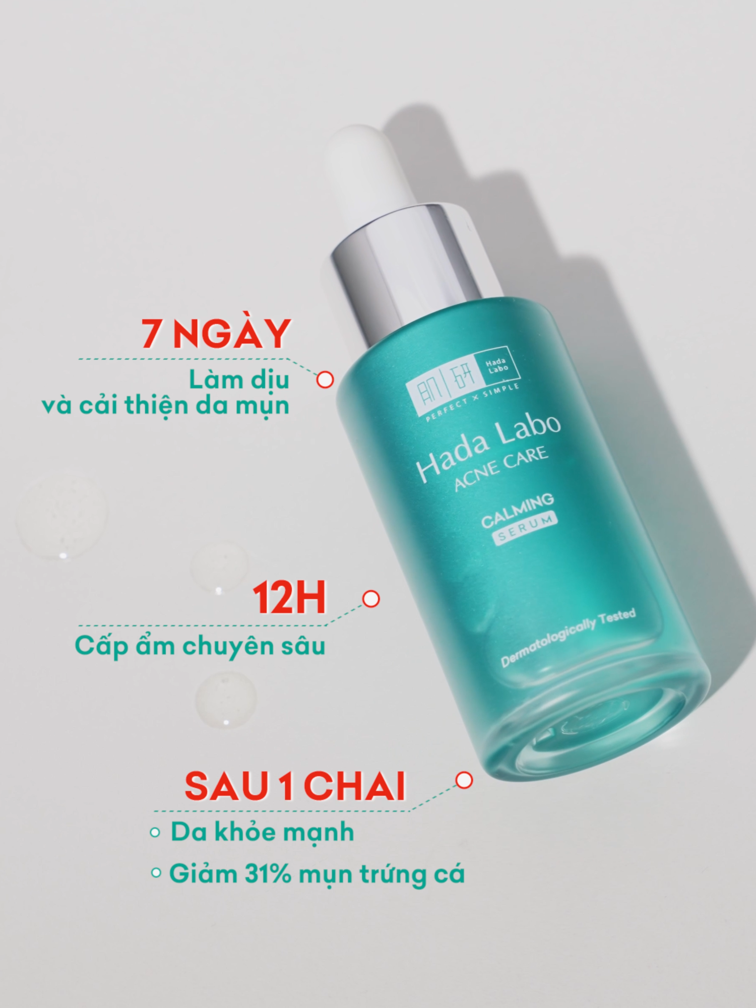 [MỚI] HADA LABO ACNE CARE CALMING SERUM CƠ CHẾ 3 TÁC ĐỘNG, DA KHỎE CHỈ SAU 1 CHAI (*)  Những tác động từ yếu tố ngoại sinh lẫn nội sinh liên tục hằng ngày khiến làn da khỏe mạnh nhất cũng dần suy yếu, nhạy cảm. Một chu trình chăm sóc da hiệu quả luôn cần bước phục hồi. 👉 Hada Labo giới thiệu giải pháp Serum MỚI dành cho da mụn và da nhạy cảm: Acne Care Calming Serum, phục hồi da tối ưu với cơ chế 3 tác động:   🔎 TĂNG CƯỜNG HỆ VI SINH CÓ LỢI bảo vệ da trước tác nhân gây mụn với công nghệ 10x Microbiome. 🔎 KHÁNG KHUẨN NGỪA MỤN với 4% hệ hoạt chất gồm Tranexamic Acid, PHA, Allantoin, Herbal extract.  🔎 PHỤC HỒI & DƯỠNG ẨM SÂU 12H nhờ hệ dưỡng ẩm đặc trưng 3x HA (HA - Super HA - Nano HA) kết hợp Squalane & chiết xuất Mộc Qua. Nhờ đó, Acne Care Calming Serum cải thiện các chỉ số sức khỏe làn da hiệu quả:  🔎 Làm dịu da mẩn đỏ, nhạy cảm tức thì và cải thiện da mụn sau 7 ngày sử dụng liên tục. 🔎 Da khỏe mạnh và giảm số lượng mụn trứng cá 31% chỉ sau 1 chai. 🔎 Cấp ẩm chuyên sâu suốt 12H, được đồng ý bởi 100% người dùng. Chọn Acne Care Calming Serum để da thực sự khỏe mạnh rạng rỡ mỗi ngày.