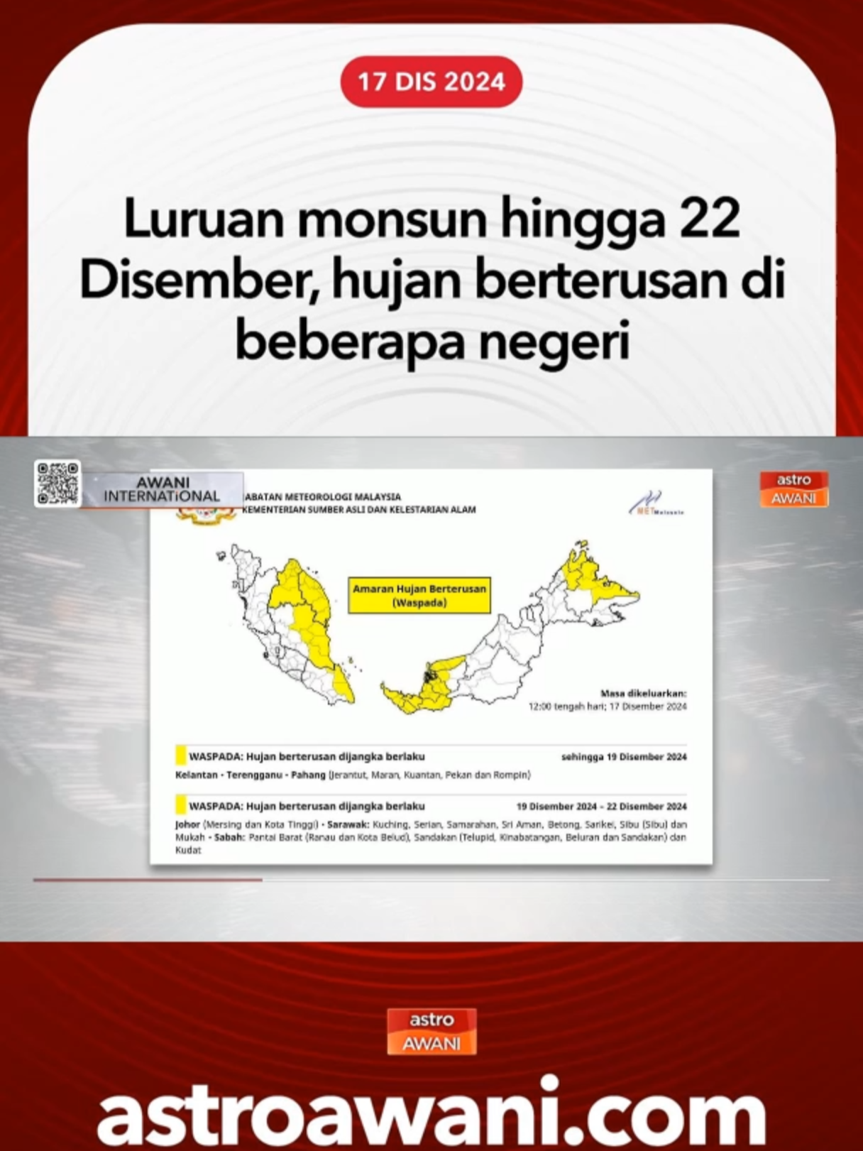 Jabatan Meteorologi Malaysia (MetMalaysia) jangkakan luruan monsun sehingga 22 Disember berdasakan analisis model-model cuaca terkini. #AWANInews