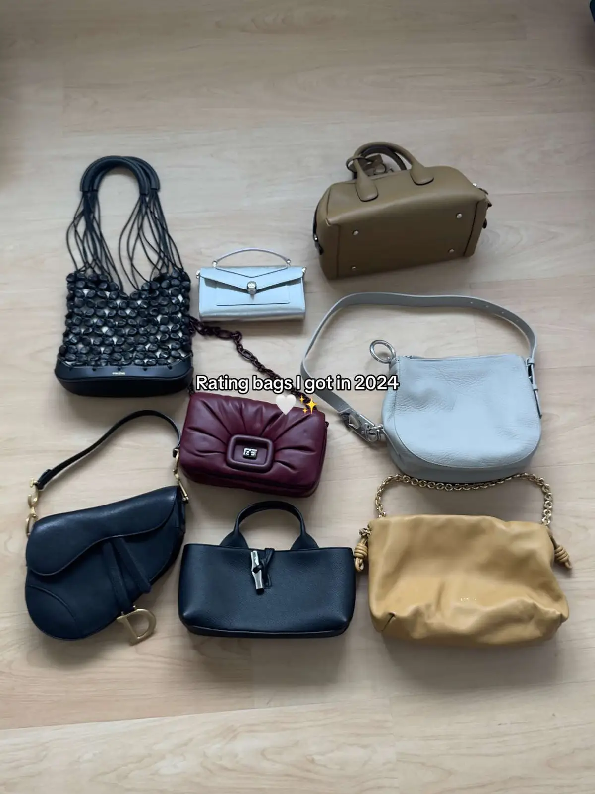 Rating bags i got in 2024! ✨🤍 #ratingbags #2024bags #bagcollection #bagreview #diorsaddle #longchamp #loewe #bvlgari #bags 