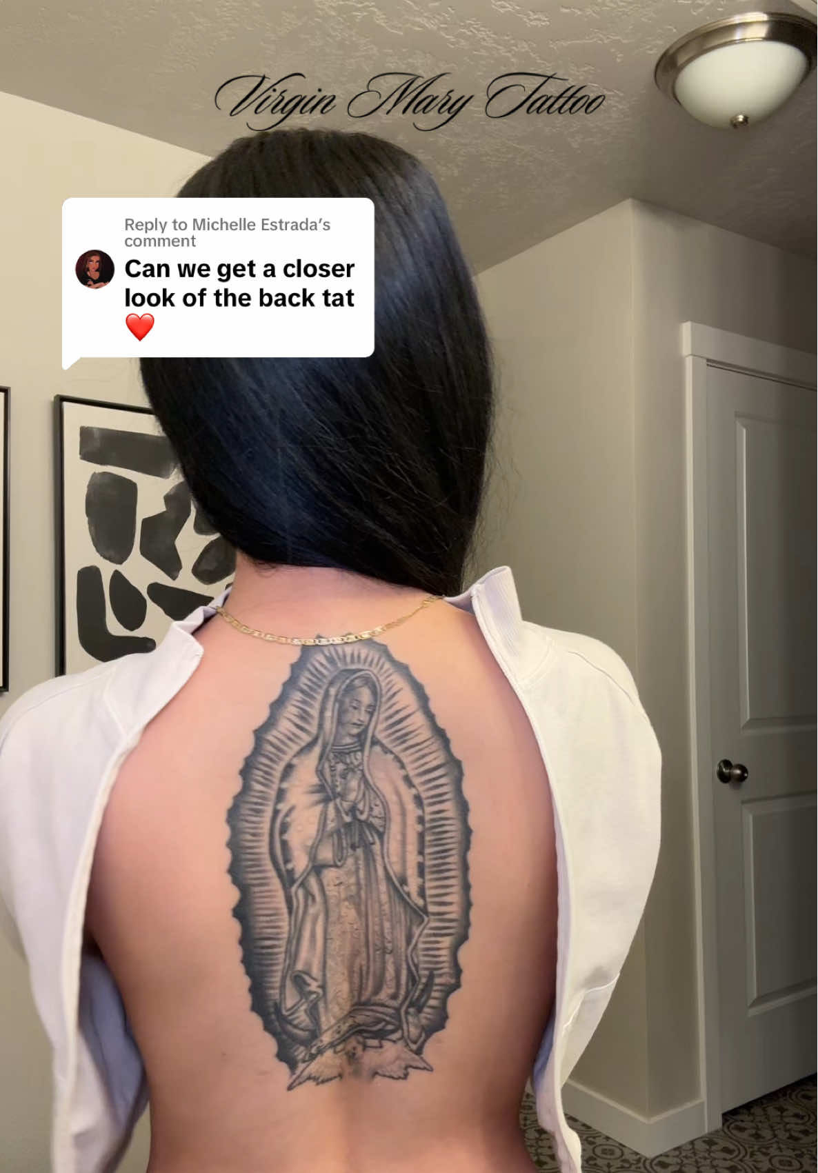 Replying to @Michelle Estrada a close up of my virgin mary tattoo. 🌹 my tattoo artists ig: @alex_tat2_vazquez   #backtattoo #virginmarytattoo #fypシ #spinetattoo #viral #tattooideas 