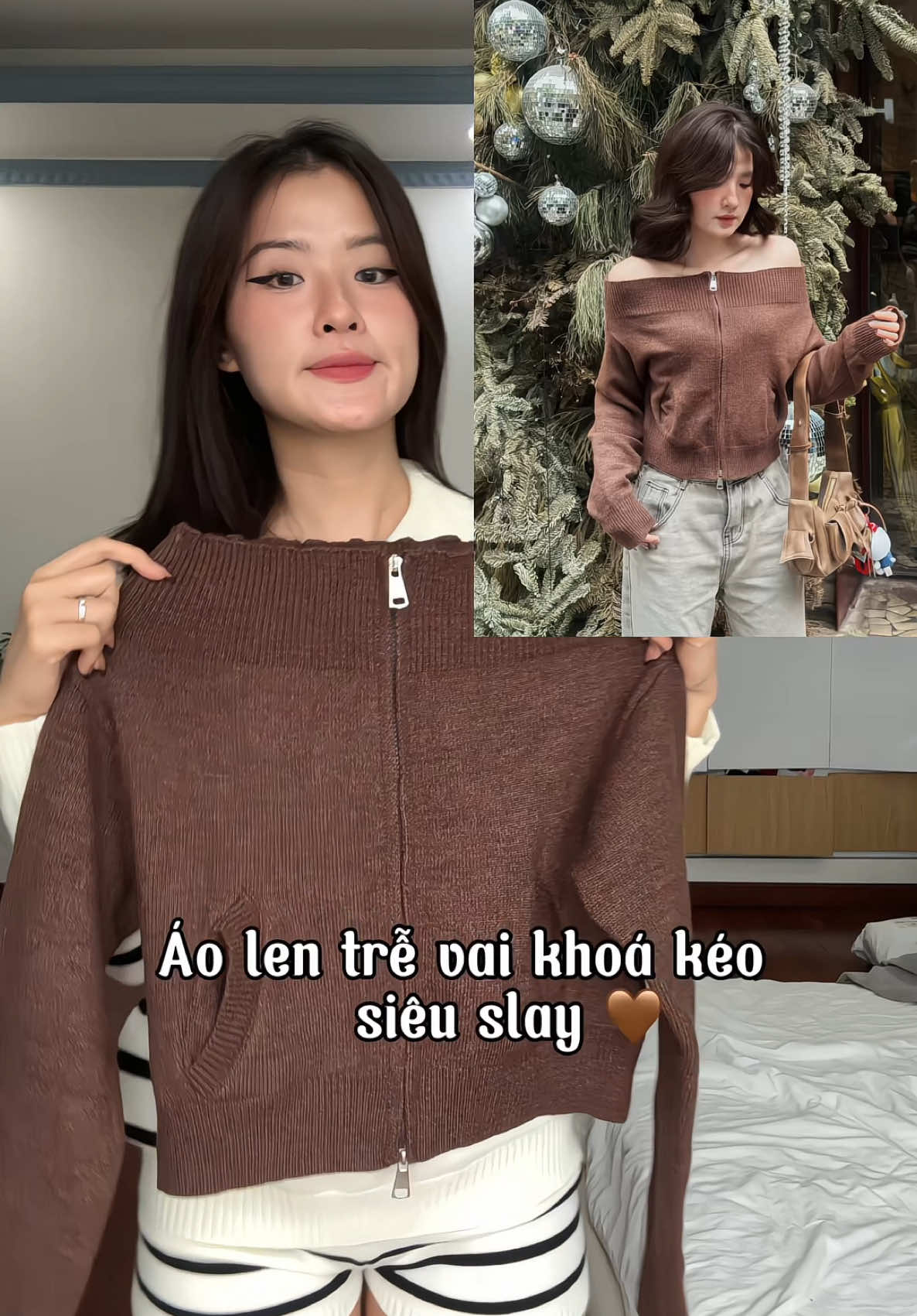 Em áo len trễ vai khoá kéo siêu slayy🤎🧦☕️✨ #xuhuong #aolen #aotrevai #mixandmatch #outfit 