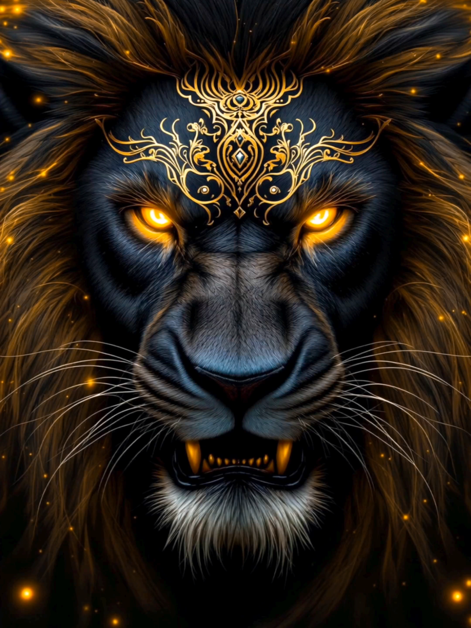 King of the Jungle: A fierce black lion roars as golden sparks explode from its mane, lighting up the dark. Its piercing golden eyes burn with unstoppable power, commanding the wild and proving its reign. The ground trembles as the mighty roar echoes through the jungle, a symbol of untamed dominance. #livewallpaper #4klivewallpaper #lion #kingofthejungle #roaringlion #beast #fantasyart #public #fyp #fyi 