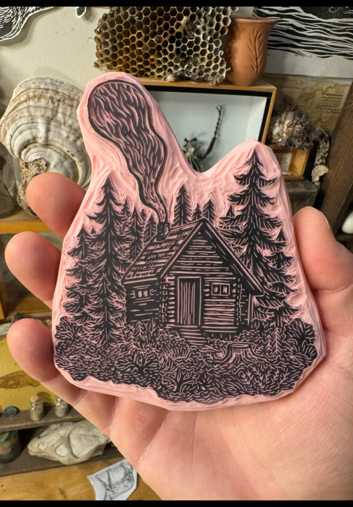 The most detailed stamp I’ve ever attempted to carve!  #stamp #printmaking #carving #art #illustration #blockprint #cabin