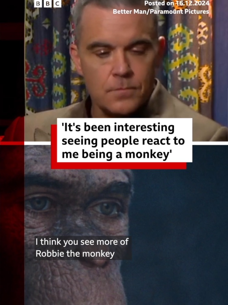 “Hey, I want to be a monkey.” 🐵 Robbie Williams shared with us how he went from artist to ape in his biopic Better Man. @bbcnews #RobbieWilliams #BetterMan #Biopic