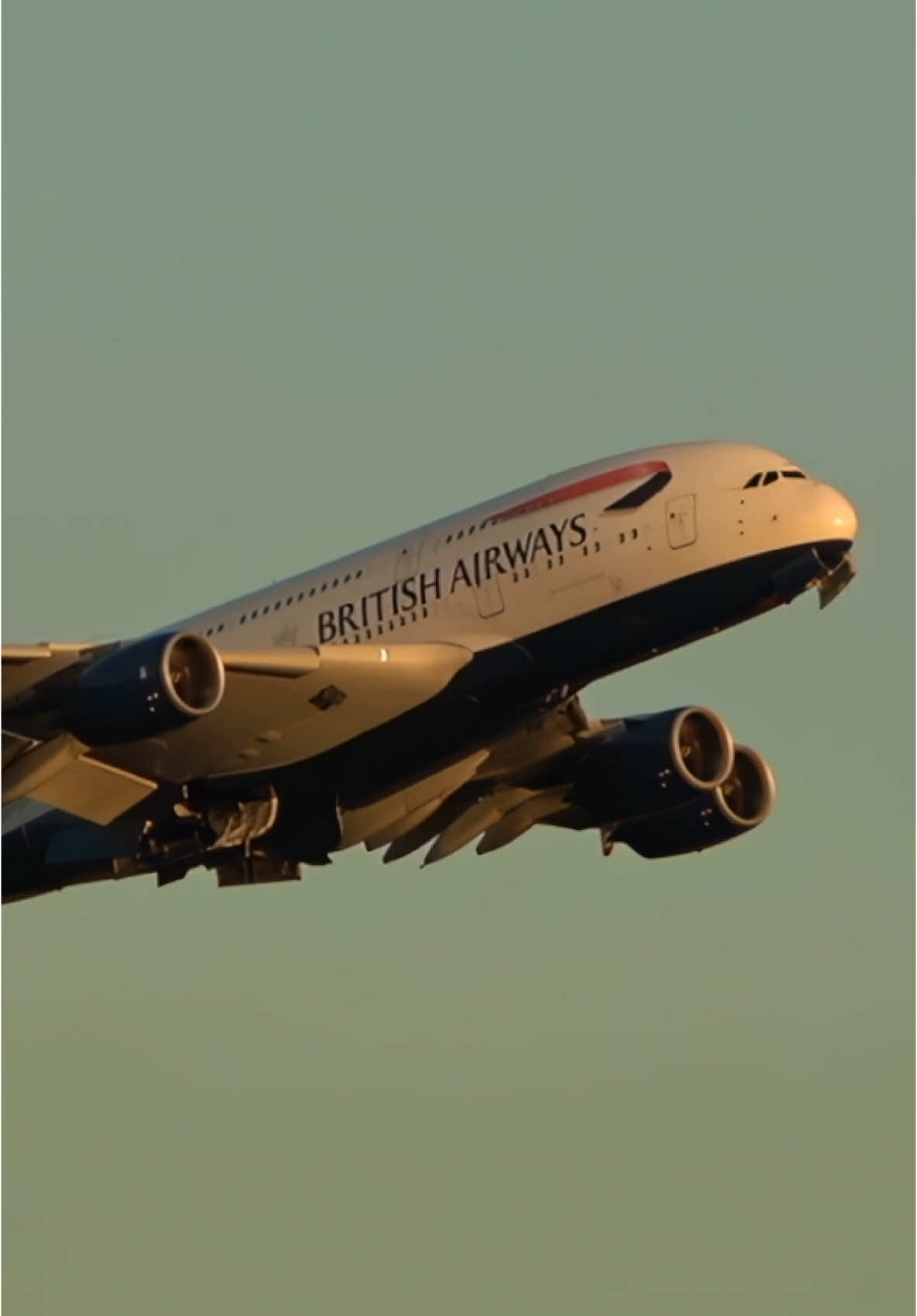 British Airways Airbus A380 climbs into the sunset on a warm summer evening at London Heathrow Airport. #airbusa380 #heathrow #aviation #plane #britishairways #pilot #fyp 