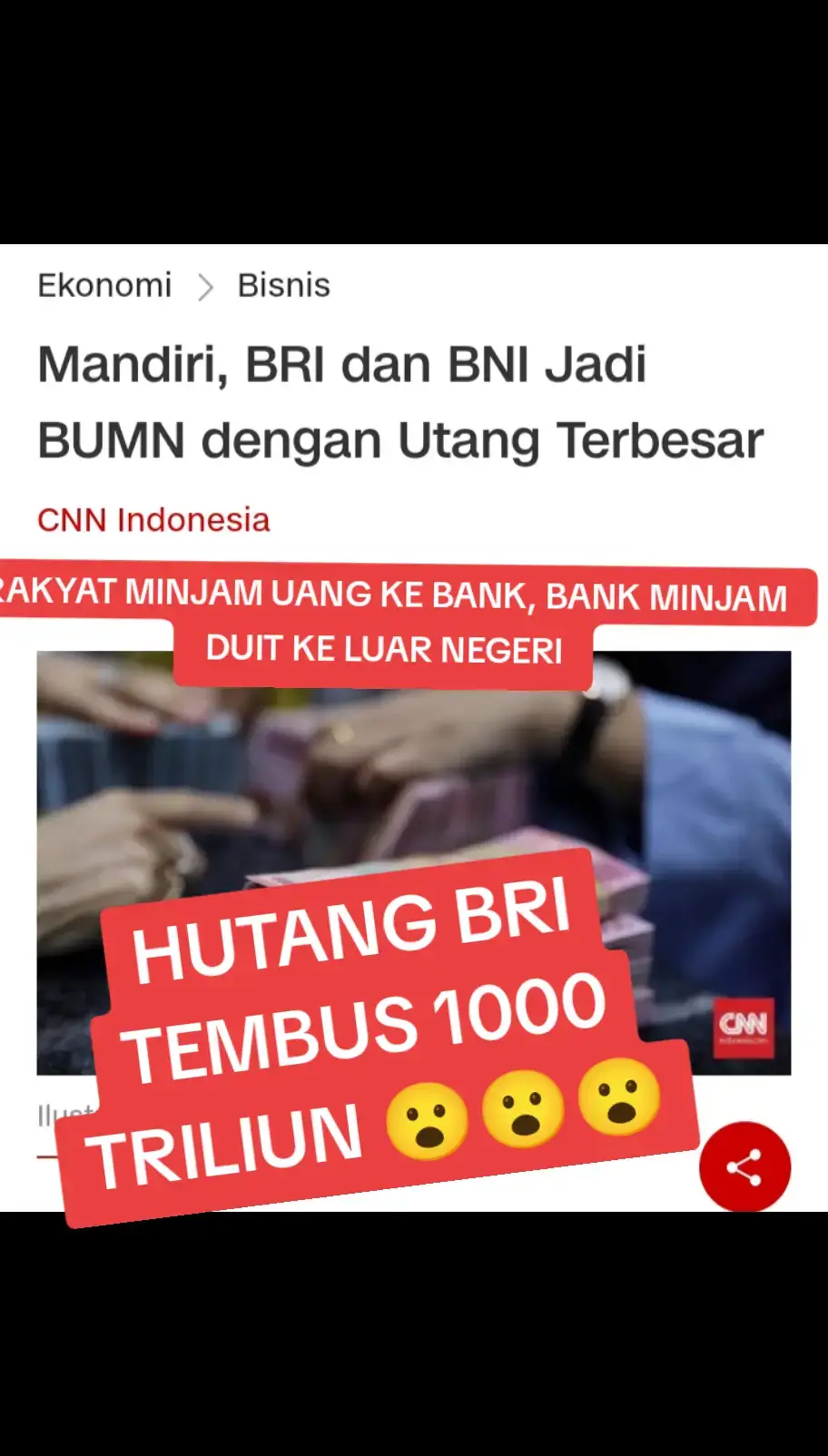 Berdasarkan data Kementerian BUMN, BRI menyumbang utang sebesar Rp1.008 triliun. Sementara itu, utang Bank Mandiri sebesar Rp997 triliun dan BNI Rp660 triliun. Bank pelat merah lainnya; PT Bank Tabungan Negara (Persero) Tbk memiliki utang Rp249 triliun atau berada di peringkat ke-6 sebagai BUMN yang menyumbang utang terbesar. Baca artikel CNN Indonesia 