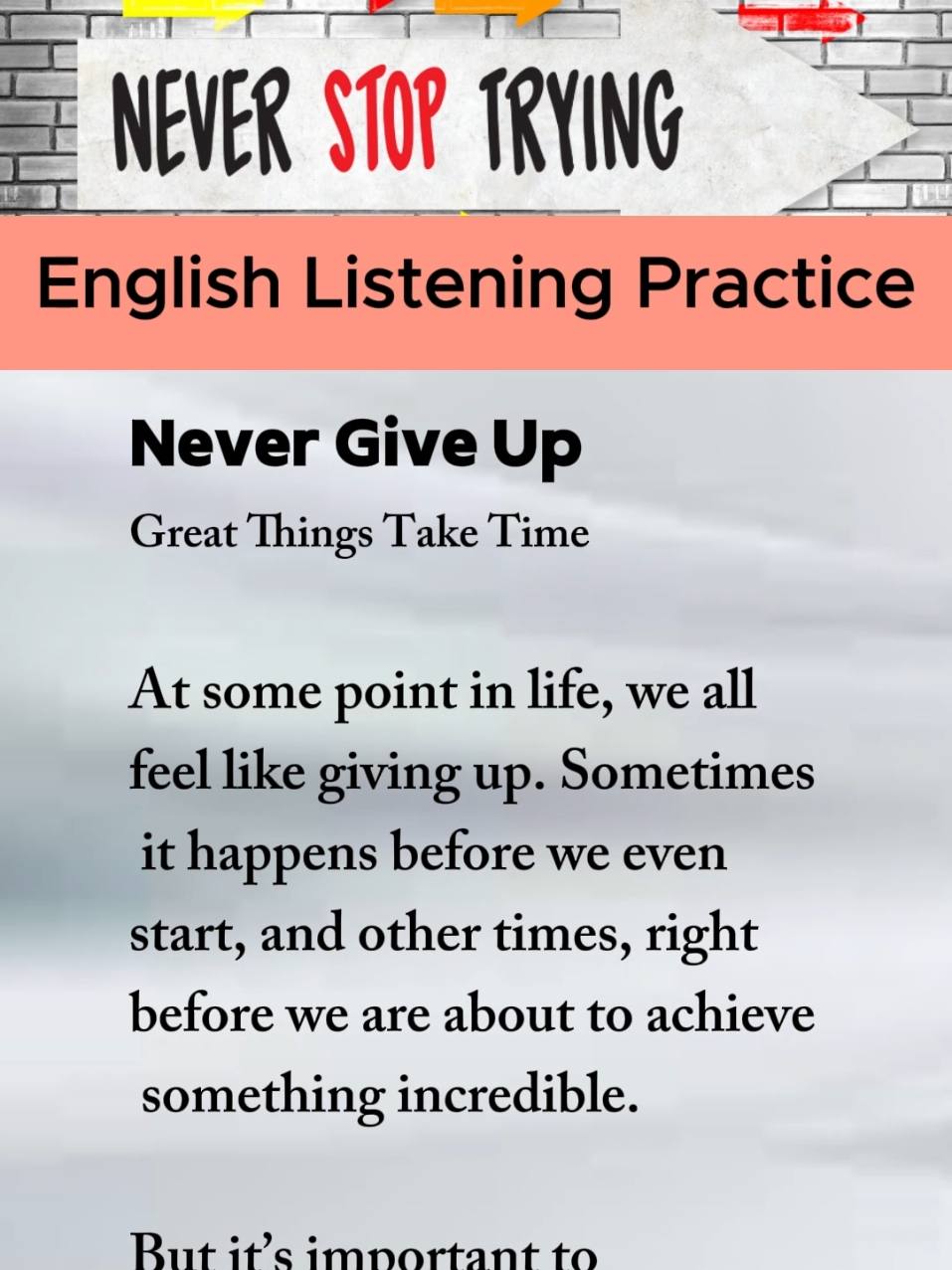 Never Give up in your life. Everything takes time to achieve, to settle but times come. Sometimes after a great hard work or sometime by luck, sometimes by prayers, sometimes by chance. But times come, so never Give up...! Daily English listening 🎧 and speaking 🗣️ practice by narration and short story. #English #Englishlearning #Englishspeaking #Englishlistening #Englishpractice #listening #Englishpractice #dailyenglish #englishlesson #nevergiveup #timewillcome #life #motivation 