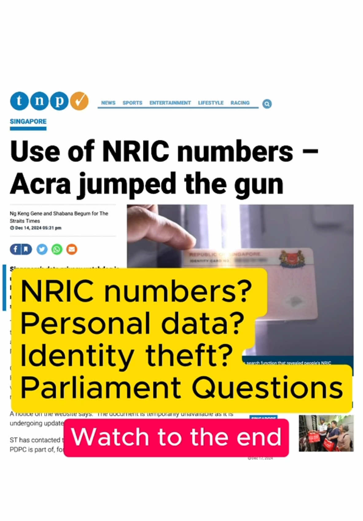 NRIC numbers, personal data, identity theft - Parliament Questions Some Clementi residents contacted me after learning of ACRA's BizFile website allowing public access to full NRIC numbers. They were surprised that their NRIC numbers could be searched so easily and directly. Others expressed concerns about how businesses and organisations will verify callers' identities.  This will get even more tricky in an era of voice deepfakes. I had spoken up in Parliament about the risk of deepfake audio and video calls in February 2022 — nearly 3 years ago. The challenges around identity theft will be even more complex in the future. I've filed Parliament Questions for the next available Sitting, expected in early January 2025. #parliament #sgtiktok #tiktoksg #fypsg @Mothership @thenewpaper @The Business Times @The Straits Times