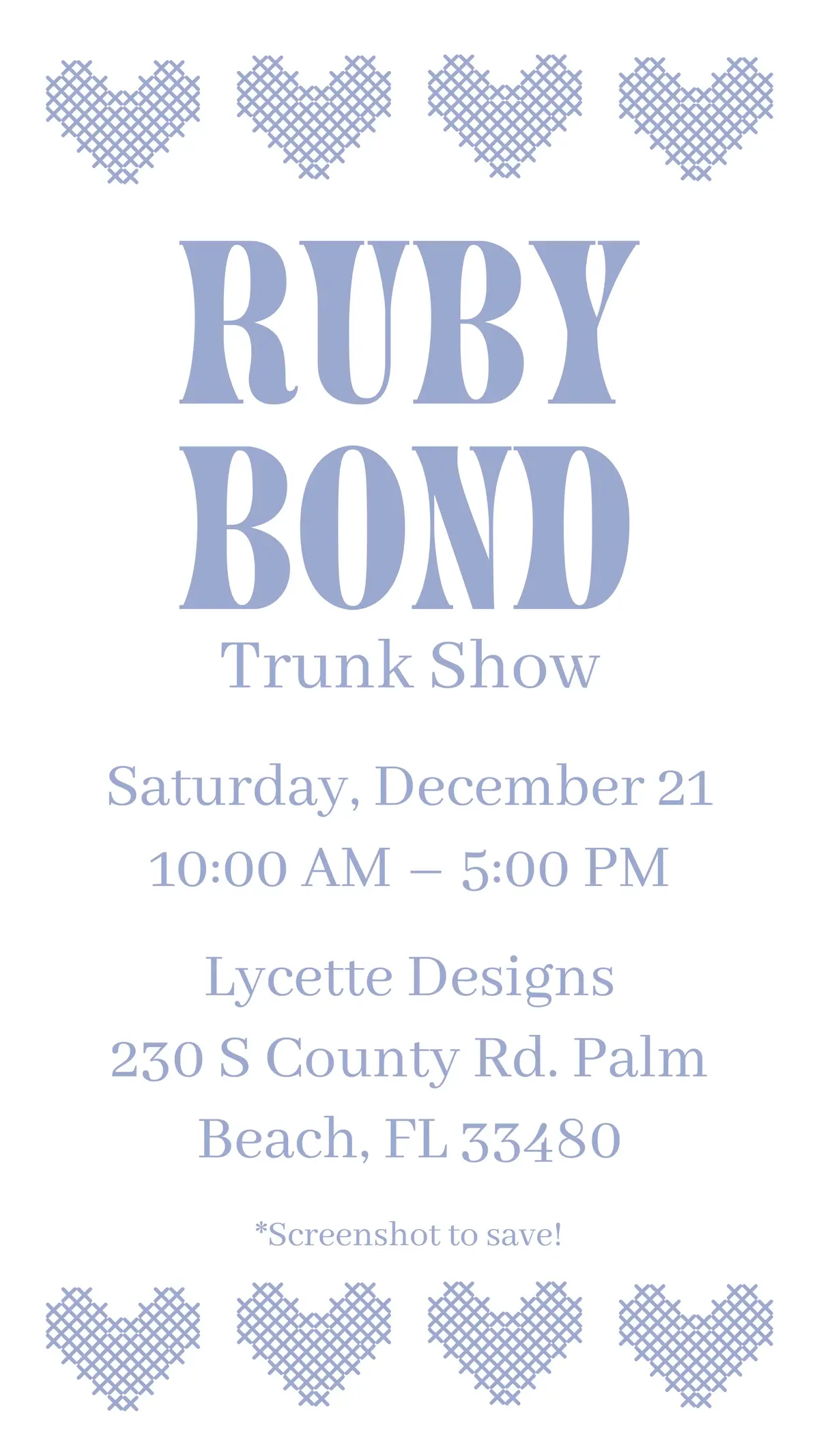 FLORIDA peeps: Come shop and chat with me IRL! I will be in Palm Beach on December 21st from 10am to 5pm. Details in the pics 💖✨💝 #rubybond #palmbeach #preppyaesthetic #needlepoint #needlepointtiktok #sweets #trunkshow #candy #lycettedesigns #passyourwavytalk 