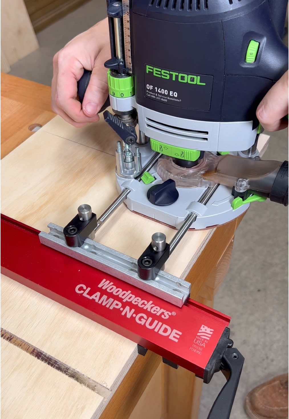 Making some sacrificial fences for the table saw 👍🏼 To make these I used a combination of our Clam-N-Guide and Clamp-N-Guide Router Adapter along with our T-Slot Router Bit. The Clamp-N-Guide allowed me to rout these slots in a perfectly straight line. I was able to accomplish this cut in just one pass with our T-Slot Router Bit. Now I can clamp a sacrificial fence to my table saw, and my clamps will never be in the way when I’m trying to make a cut 👍🏼 All tools used in the video are listed below!  Tools Used:  1️⃣ Clamp-N-Guide - 24” Capacity  SKU: CNG-24 2️⃣ Clamp-N-Guide Router Adapter - 5/16” Rods  SKU: CNG-RA-10 3️⃣ Ultra-Shear Solid Carbide Track Clamp T-Slot Bit SKU: US3054 #woodworking #woodworkingvideo #router #routers #routing #woodpeckerstools #woodworkingtools #routerjig #woodshop #routerbit #routerbits #track #trackclamp #maker #woodworkingcommunity #igwoodworkingcommunity #woodshop #woodworkingshop #woodworkingideas #tablesaw #tablesaws