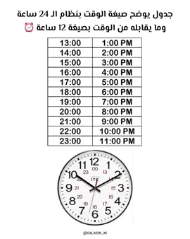 جدول يوضح صيغة الوقت #ساعة  #وقت  #توقيت  #24  #12  #السعودية 