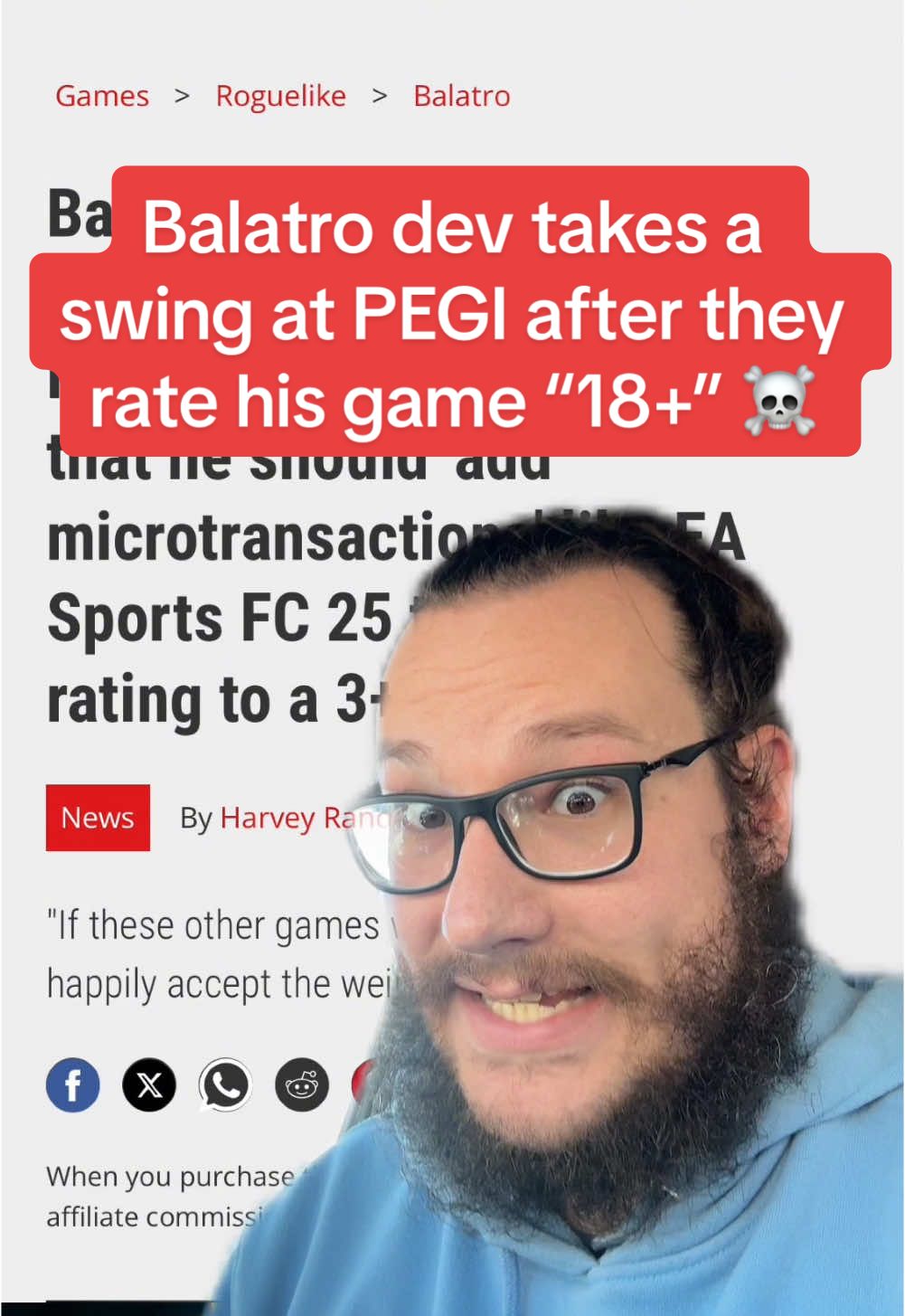 Balatro’s solo dev, LocalThunk, is taking a swipe at PEGI for rating his game 18+ under the reasoning that it could possibly teach you how to play poker. I guess now we’re rating games for what they might do? EA Sports FC 25 received a 3+ rating from PEGI, despite having actual loot boxes that you can gamble on to unlock players. Naturally, LocalThunk said that perhaps he should add loot boxes and gamebling to his game to bring it down to a 3+ rating like FC 25! I really hope the 18+ rating doesn’t stand because that would be absolutely ridiculous. We really need to fire the dusty old farts in charge of this stuff. #videogames #indiegames #ea #pcgaming #consolegaming 