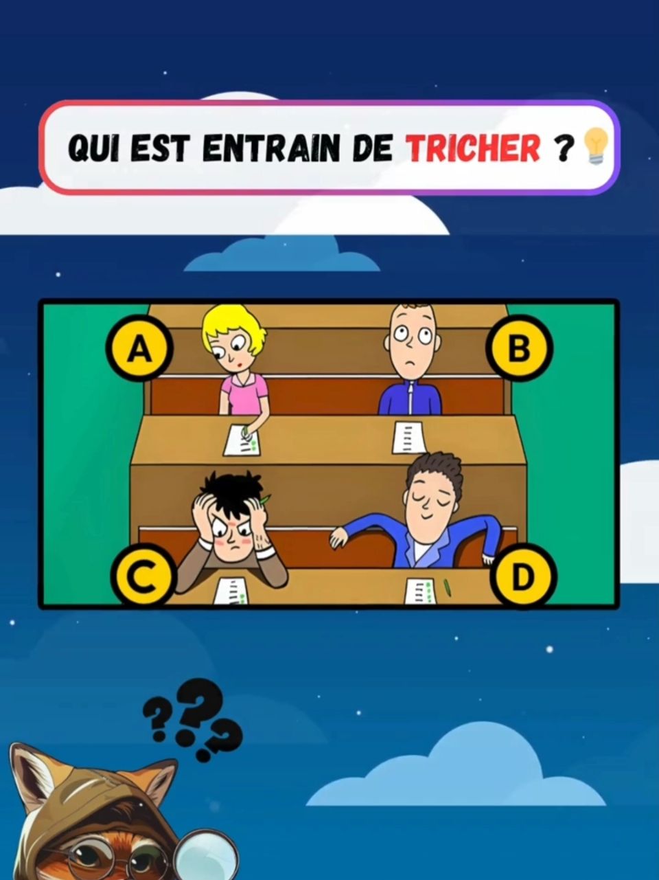 Dans cette énigme sous forme de test visuel, trouve la personne qui est entrain de tricher à l'examen 🔎 #quiz #devinette #testvisuel #enigme #enigmedujour 