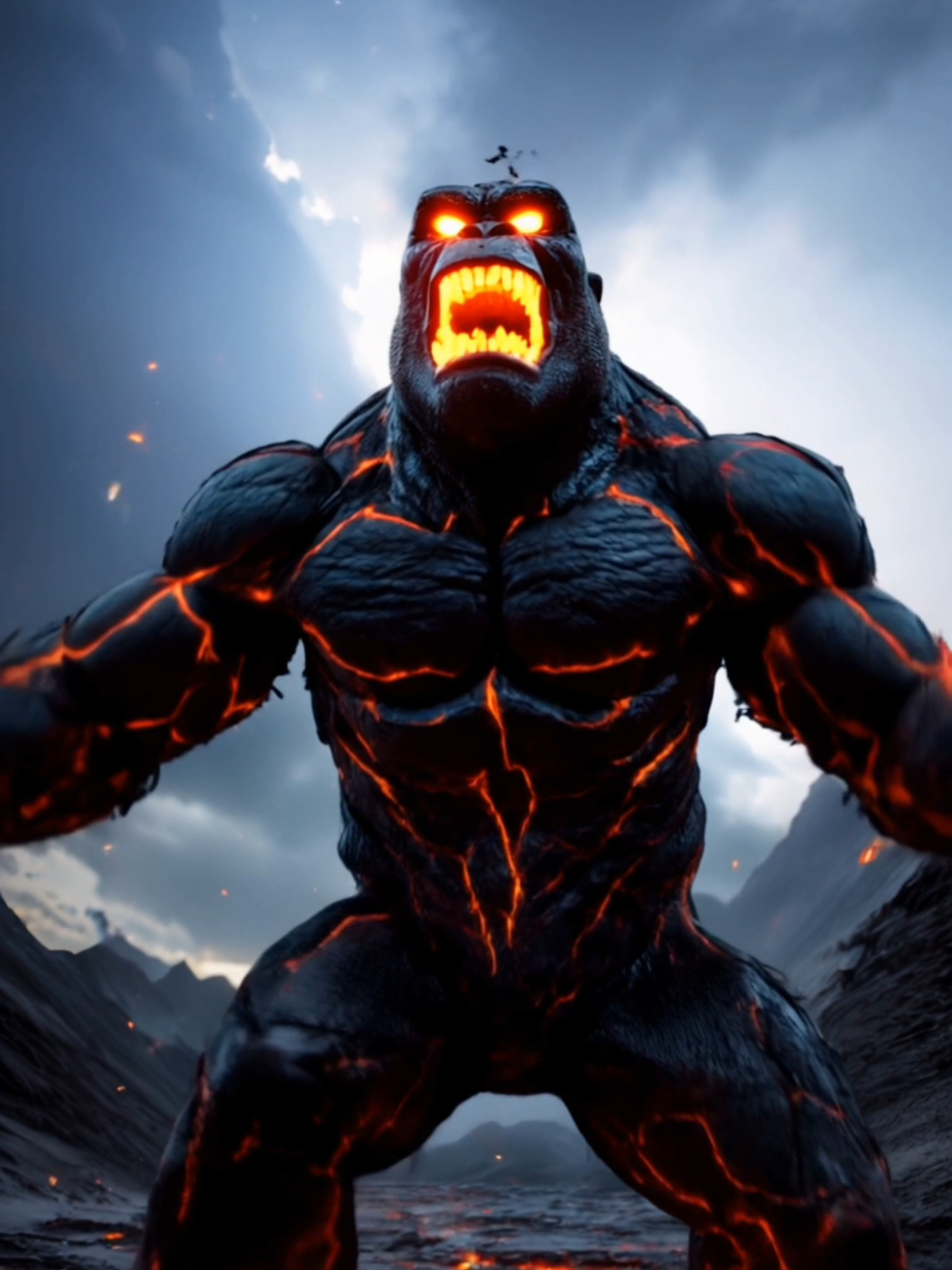 Gorilla Attack: A monstrous volcanic gorilla emerges from a cracked lava-filled battlefield. Its fiery veins glow red-hot, eyes blazing like molten fury. The ground shatters beneath its fists as it roars, radiating unstoppable volcanic power, ready to wreak destruction. #livewallpaper #4klivewallpaper #gorilla #monster #beastmode #fury #attack #fantasyart #darkfantasy #public #fyp #fyi 