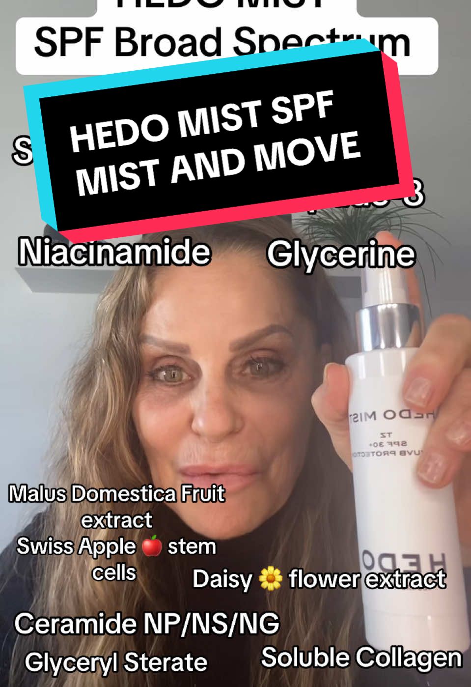 HEDO Mist #spf spray #mistandmove #uvauvb #broadspecrum #niacinamide #acetylhexapeptide8 #ceramides #swissapplestemcells #hedomist #hedo #hedoskin #hedoskincare #firstspfmist #makeupprimer #sprayevery2hours @livingHEDO #safeforkids